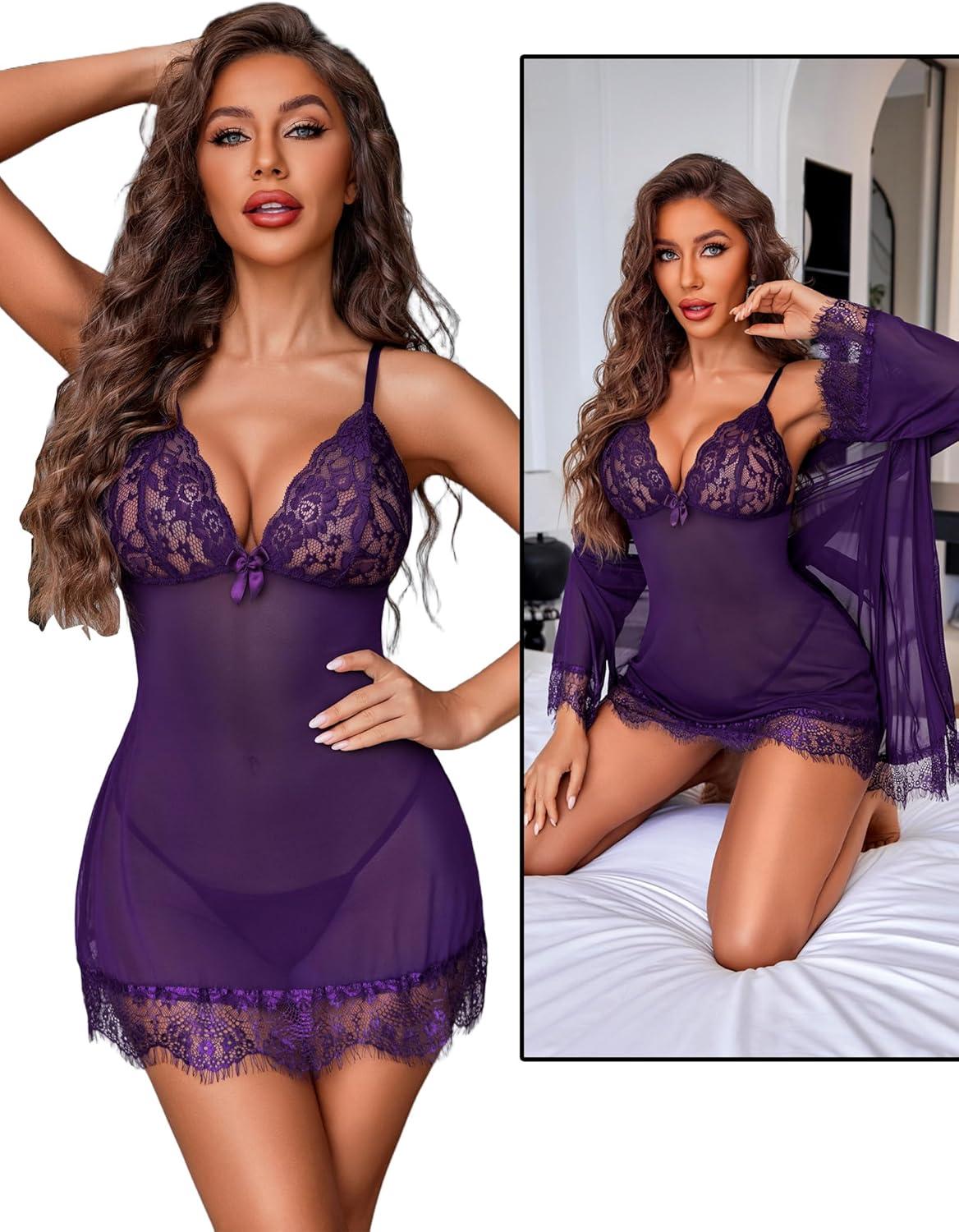 imageAvidlove Sexy Lingerie for Women 3 Piece Lingerie Sets Lace Lingerie Robe Mesh NightgownPurple