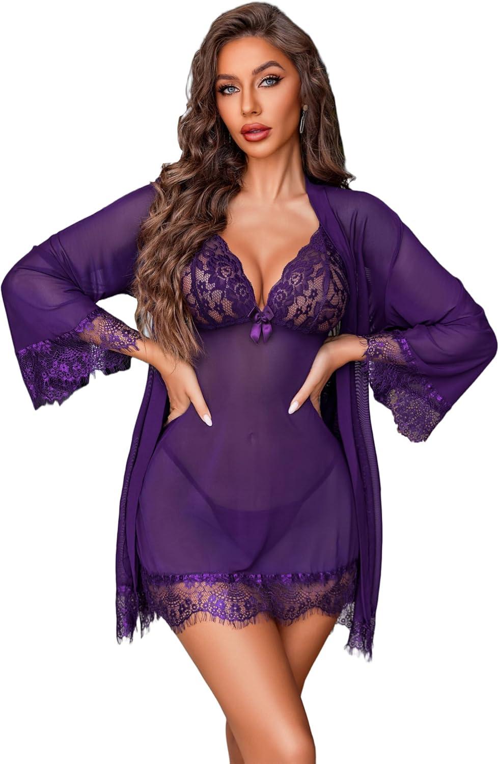 imageAvidlove Sexy Lingerie for Women 3 Piece Lingerie Sets Lace Lingerie Robe Mesh NightgownPurple