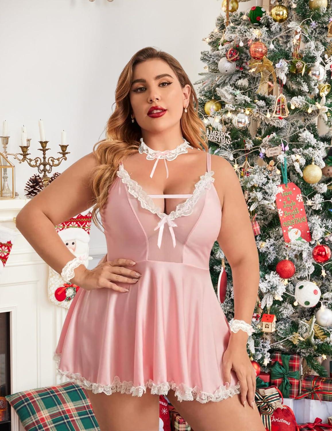 imageAvidlove Sexy Lingerie for Women French Maid Babydoll Lingerie Dress With ChokerPink