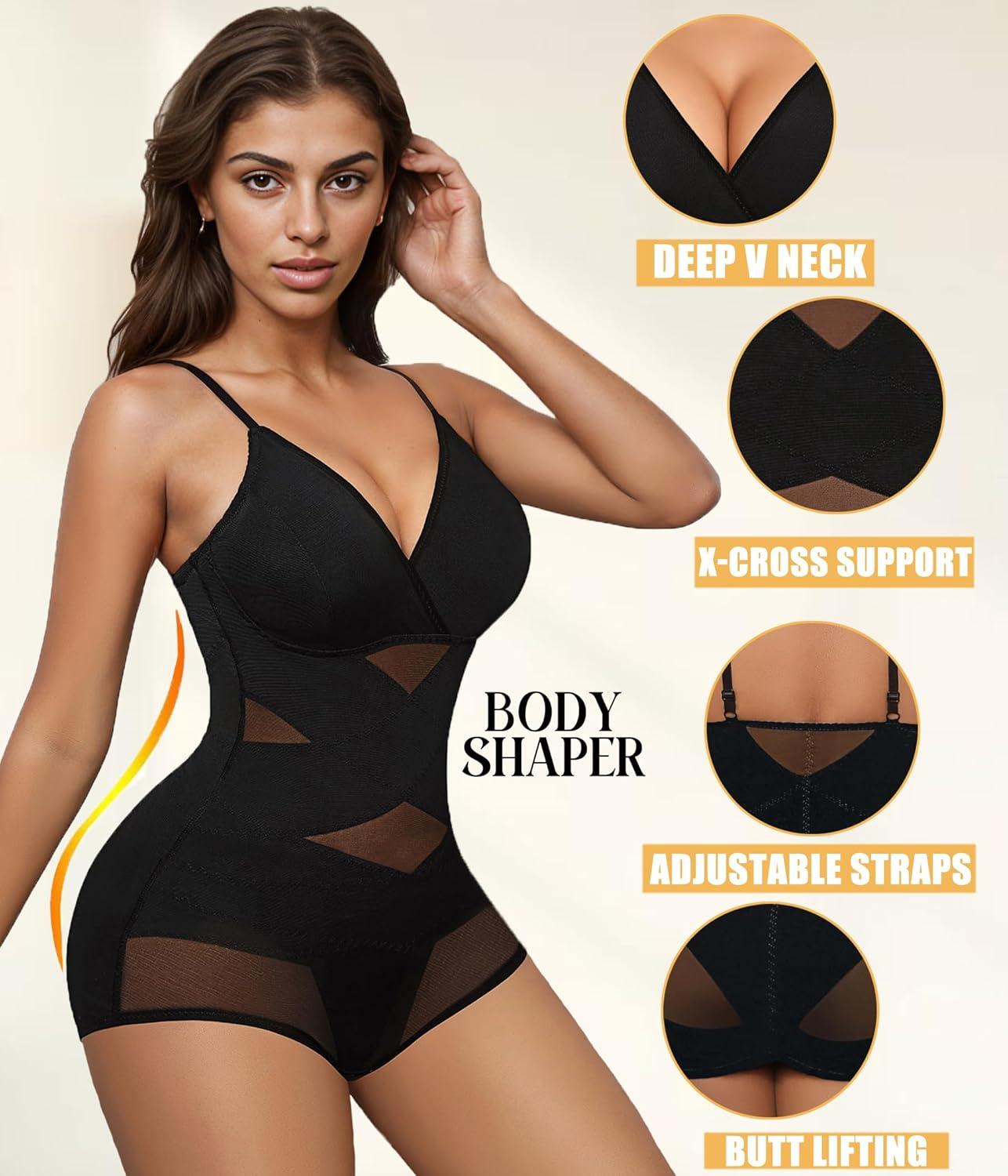 imageAvidlove Shapewear Bodysuit for Women Body Shaper Tummy Control Shapewear Plus Size Body Suits with Snap CrotchBlack