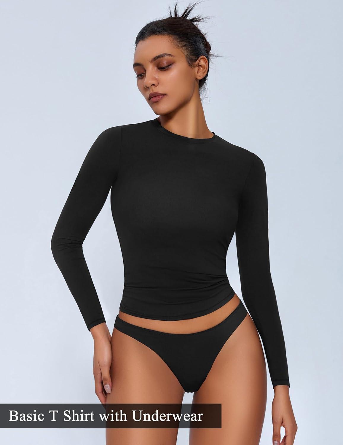 imageAvidlove Women Double Lined Basic Fitted T Shirts Long Sleeve Crew Neck Y2K Top with Underwear SXXLBlack
