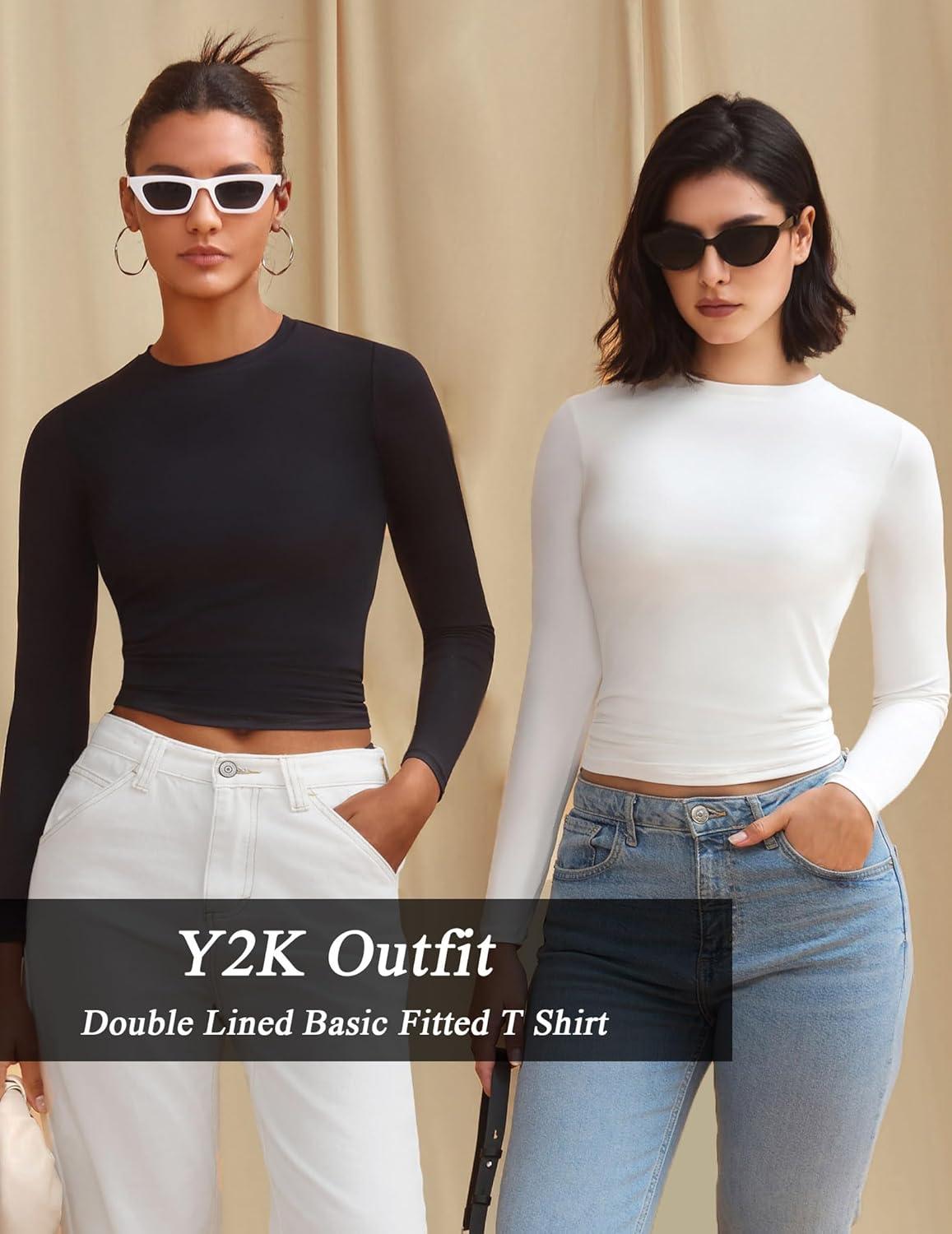 imageAvidlove Women Double Lined Basic Fitted T Shirts Long Sleeve Crew Neck Y2K Top with Underwear SXXLBlack