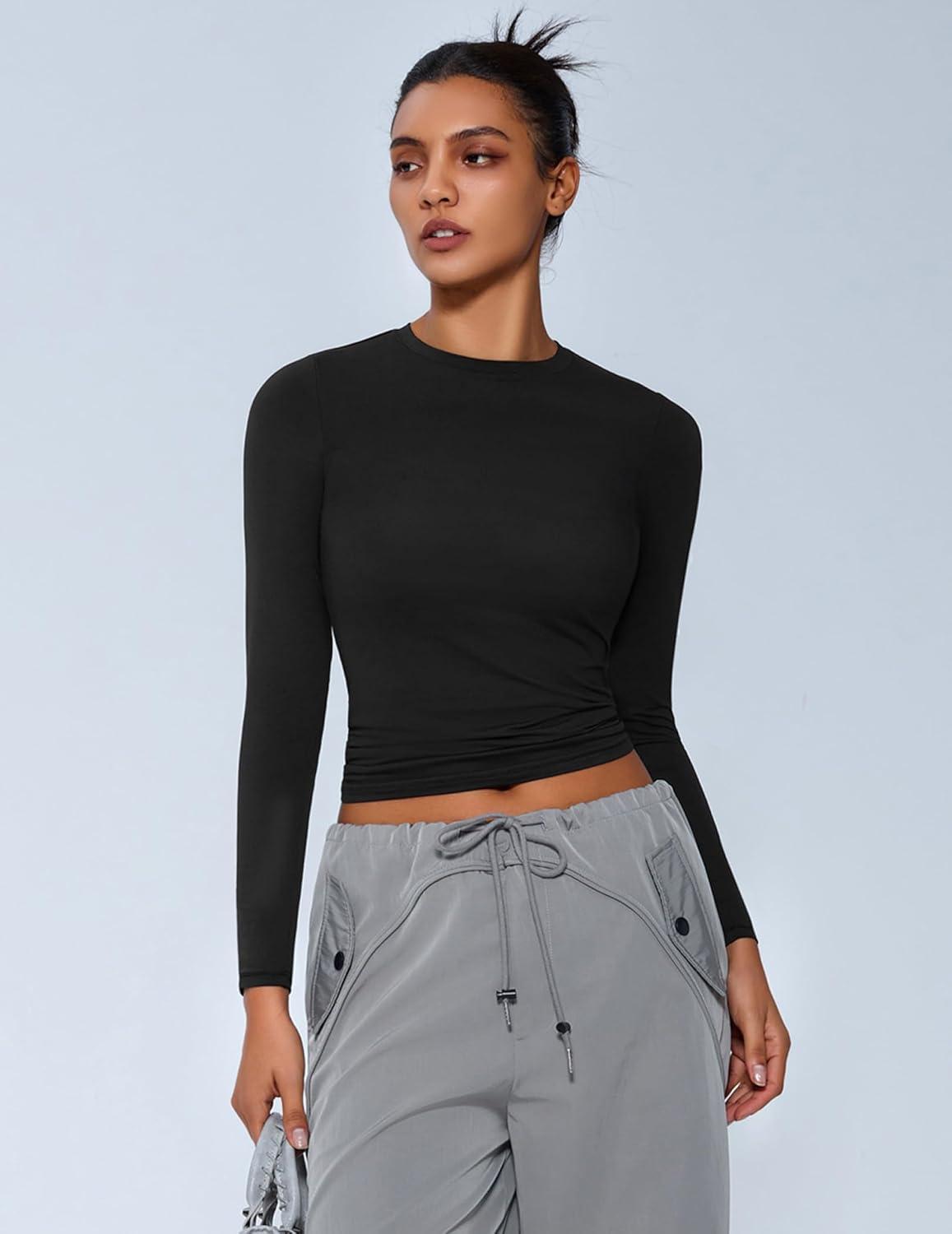 imageAvidlove Women Double Lined Basic Fitted T Shirts Long Sleeve Crew Neck Y2K Top with Underwear SXXLBlack