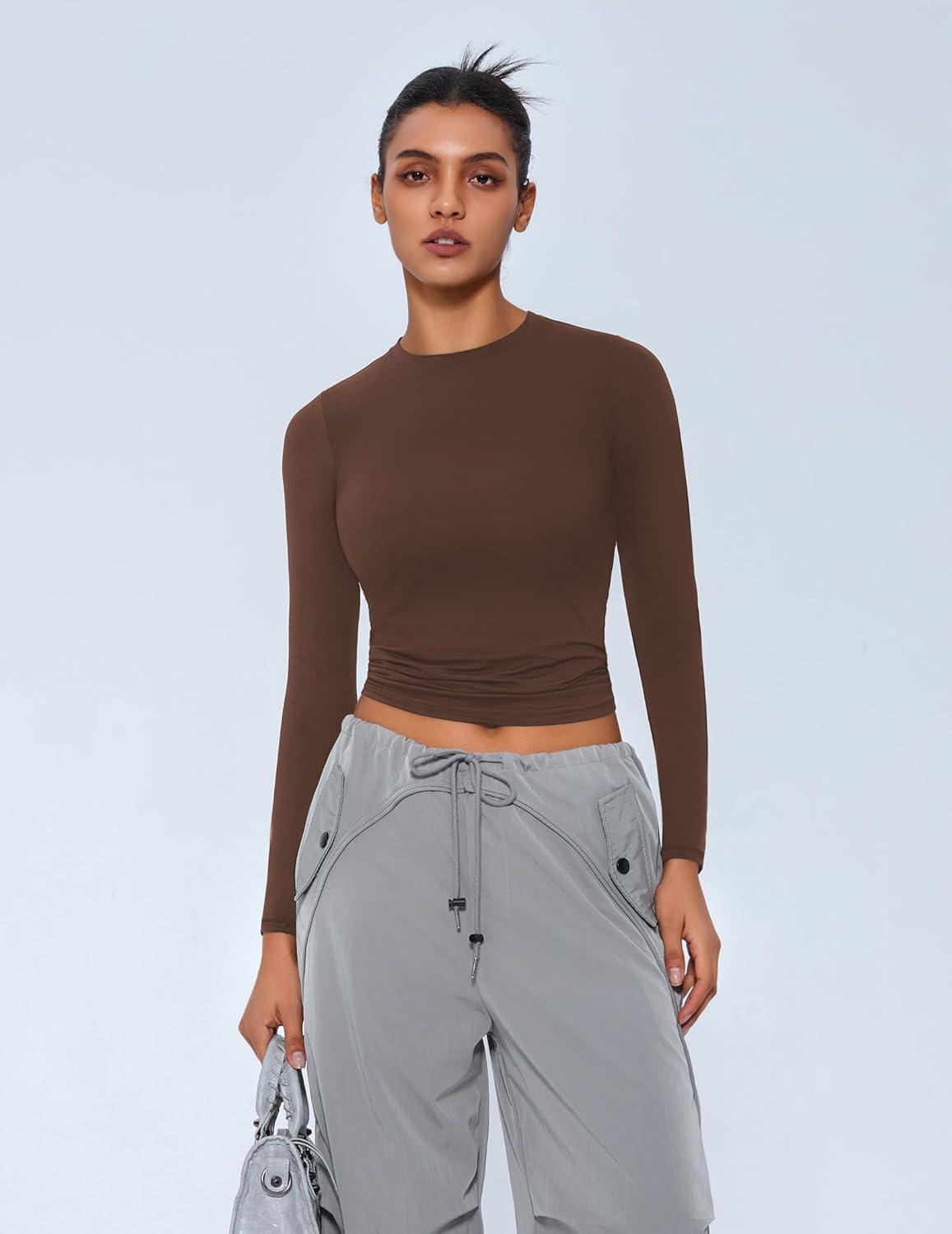 imageAvidlove Women Double Lined Basic Fitted T Shirts Long Sleeve Crew Neck Y2K Top with Underwear SXXLBrown