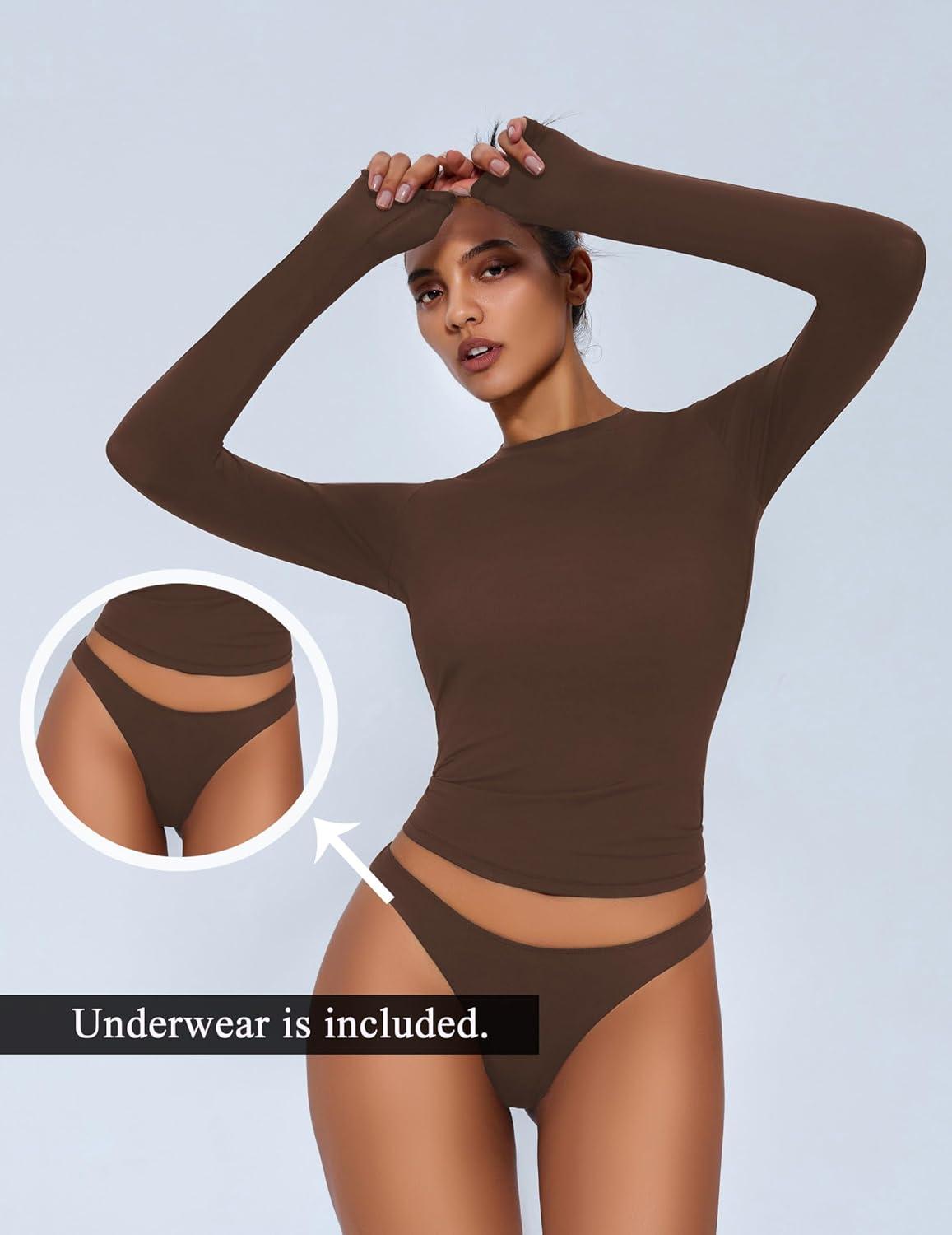 imageAvidlove Women Double Lined Basic Fitted T Shirts Long Sleeve Crew Neck Y2K Top with Underwear SXXLBrown
