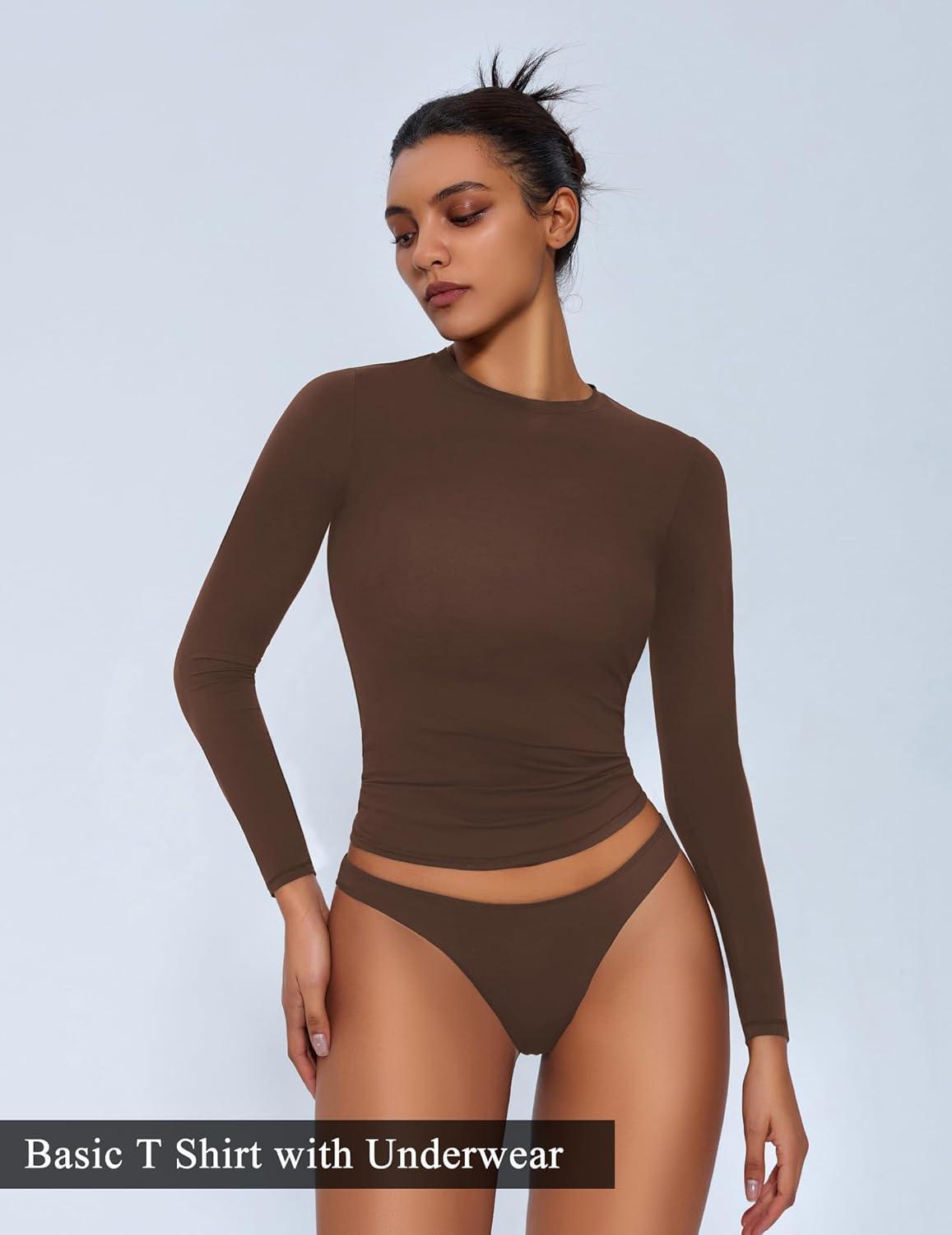 imageAvidlove Women Double Lined Basic Fitted T Shirts Long Sleeve Crew Neck Y2K Top with Underwear SXXLBrown