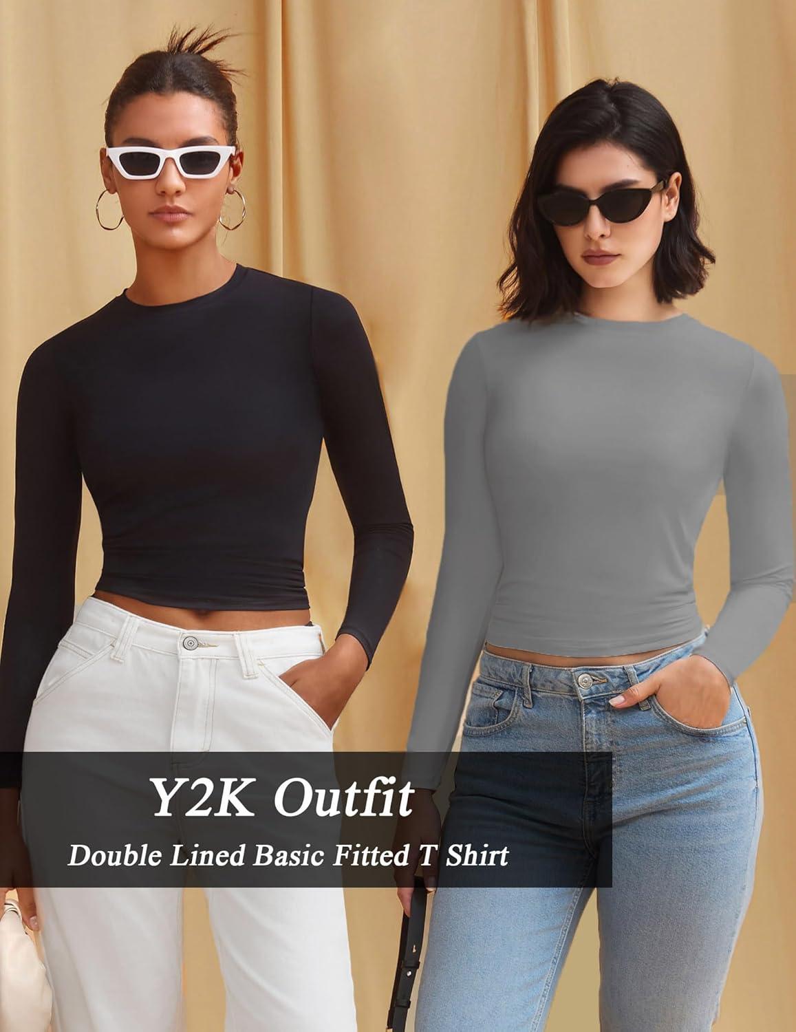 imageAvidlove Women Double Lined Basic Fitted T Shirts Long Sleeve Crew Neck Y2K Top with Underwear SXXLDark Gray