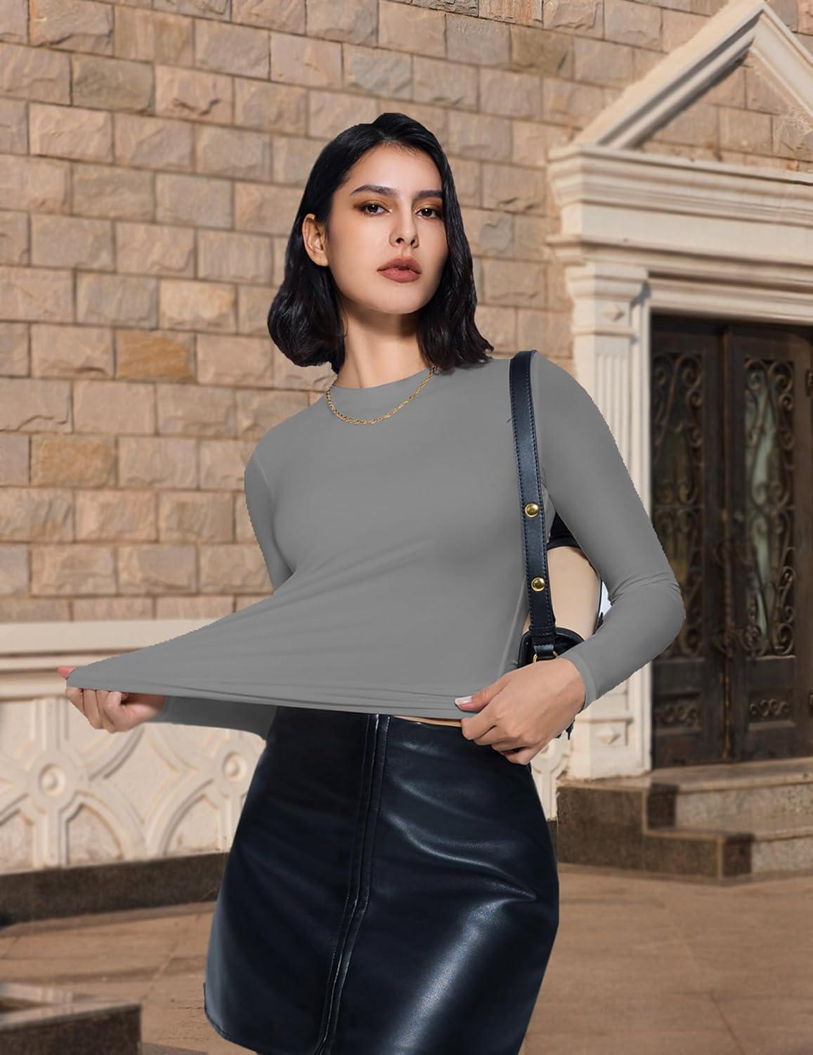 imageAvidlove Women Double Lined Basic Fitted T Shirts Long Sleeve Crew Neck Y2K Top with Underwear SXXLDark Gray