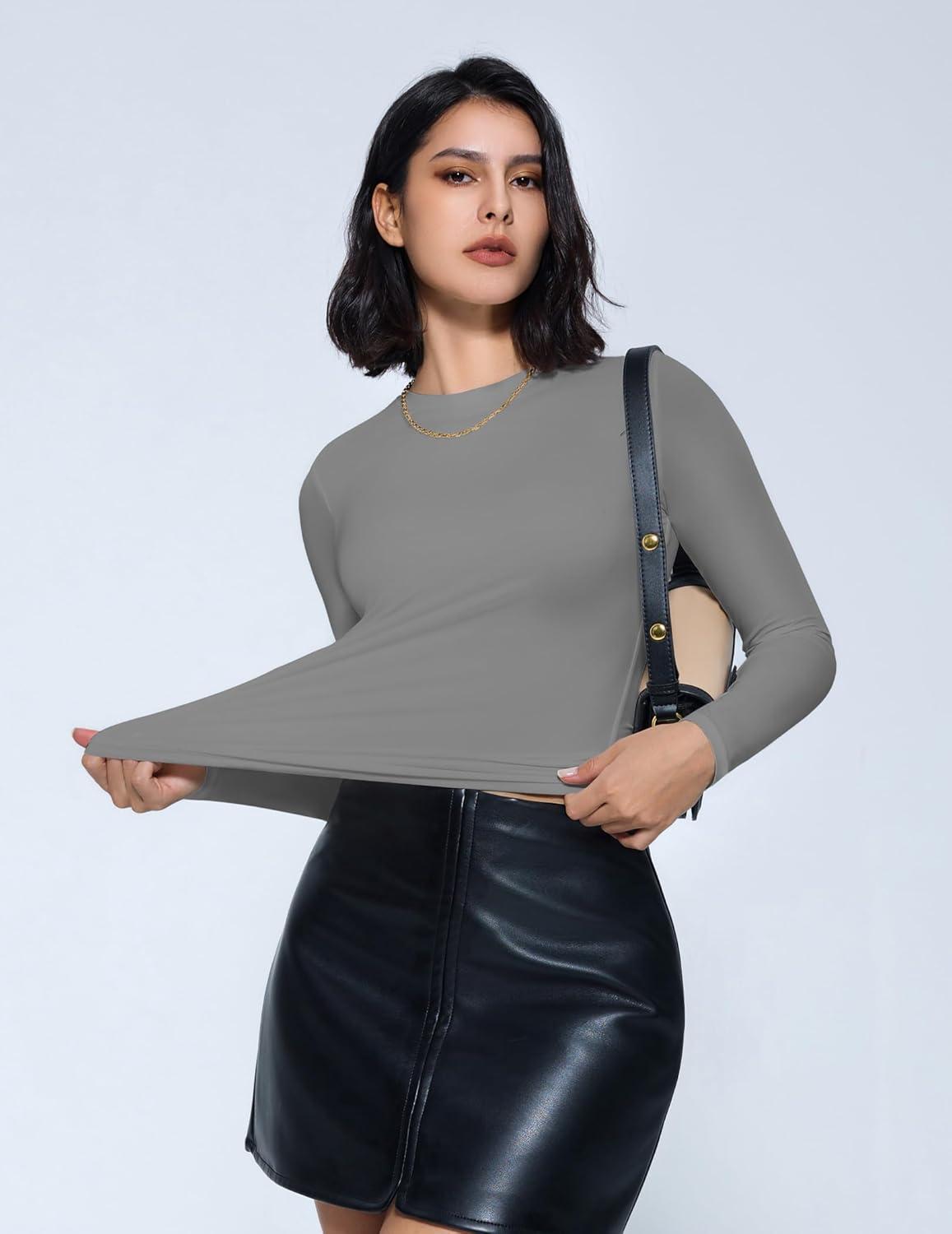 imageAvidlove Women Double Lined Basic Fitted T Shirts Long Sleeve Crew Neck Y2K Top with Underwear SXXLDark Gray