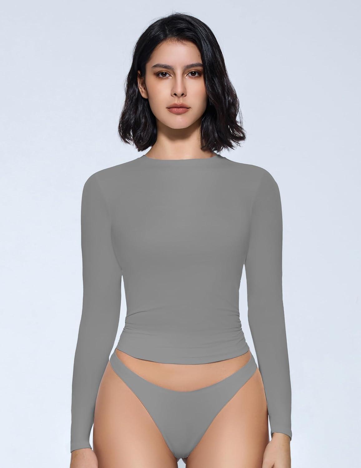 imageAvidlove Women Double Lined Basic Fitted T Shirts Long Sleeve Crew Neck Y2K Top with Underwear SXXLDark Gray