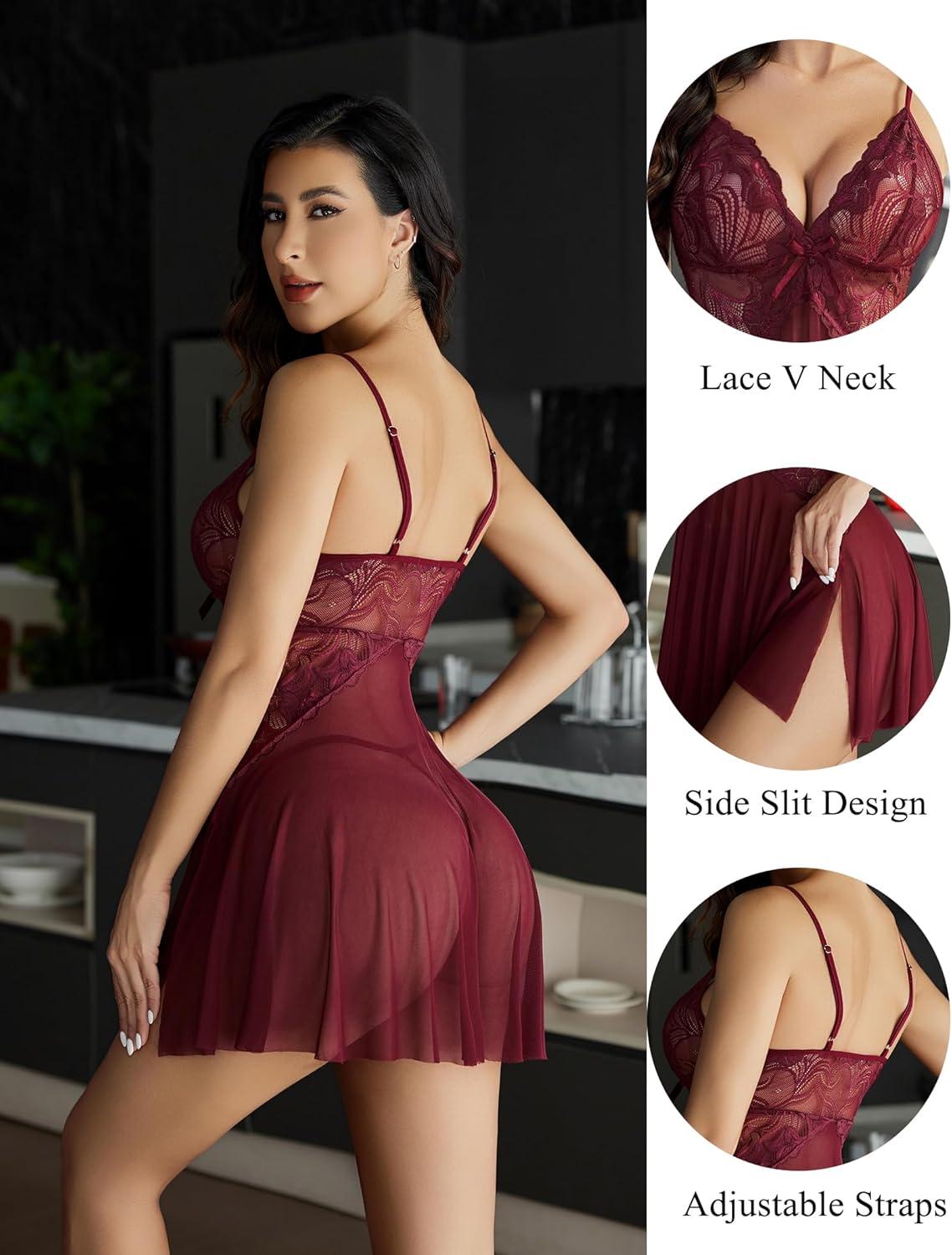 imageAvidlove Women Lace Lingerie Babydoll Sexy Chemise Exotic Nightgowns Bridal NightdressBdeep Red