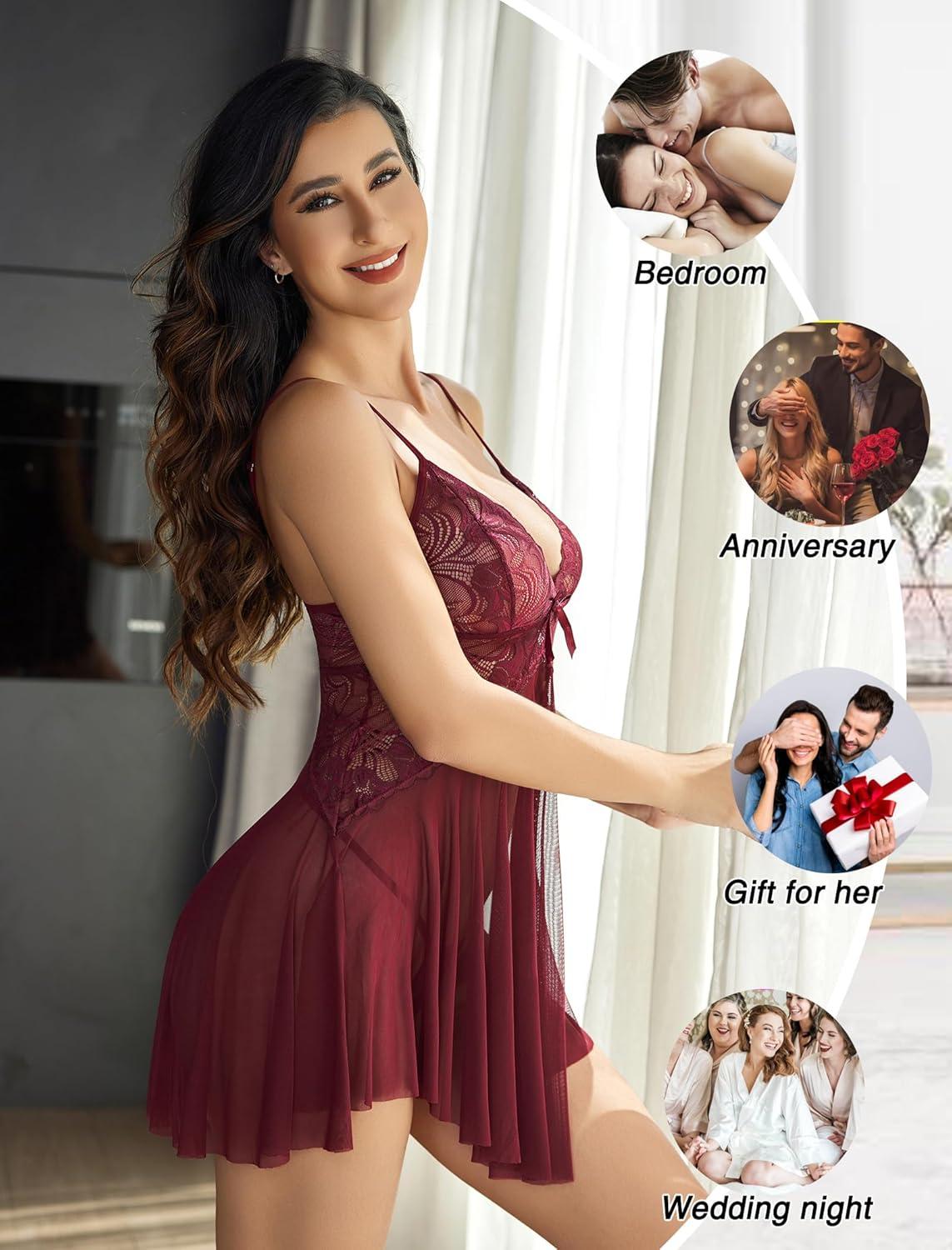 imageAvidlove Women Lace Lingerie Babydoll Sexy Chemise Exotic Nightgowns Bridal NightdressBdeep Red