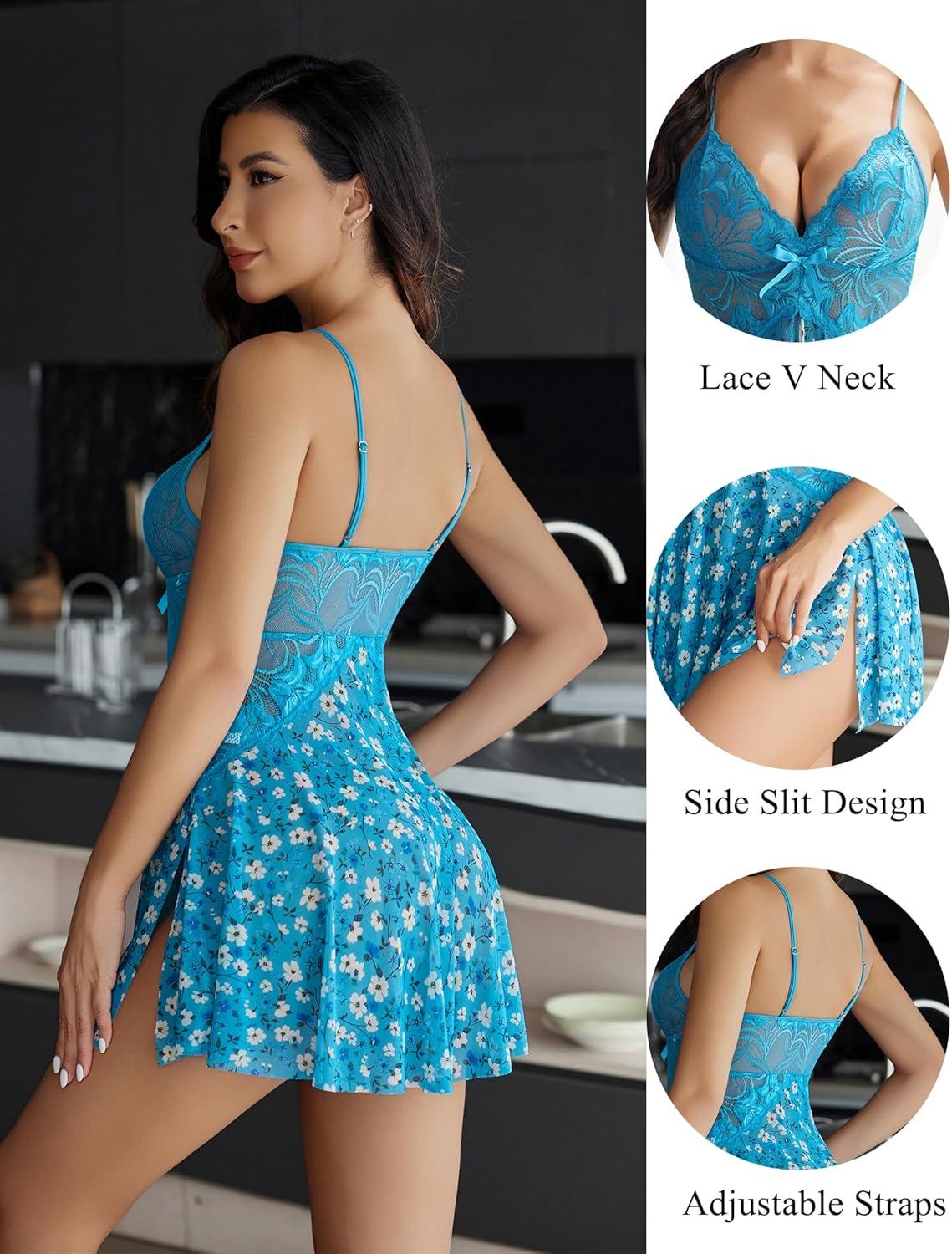 imageAvidlove Women Lace Lingerie Babydoll Sexy Chemise Exotic Nightgowns Bridal NightdressBlue Floral