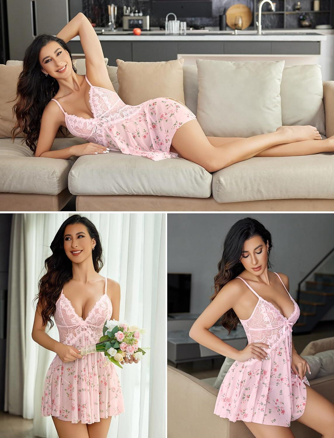 imageAvidlove Women Lace Lingerie Babydoll Sexy Chemise Exotic Nightgowns Bridal NightdressFloral Pink