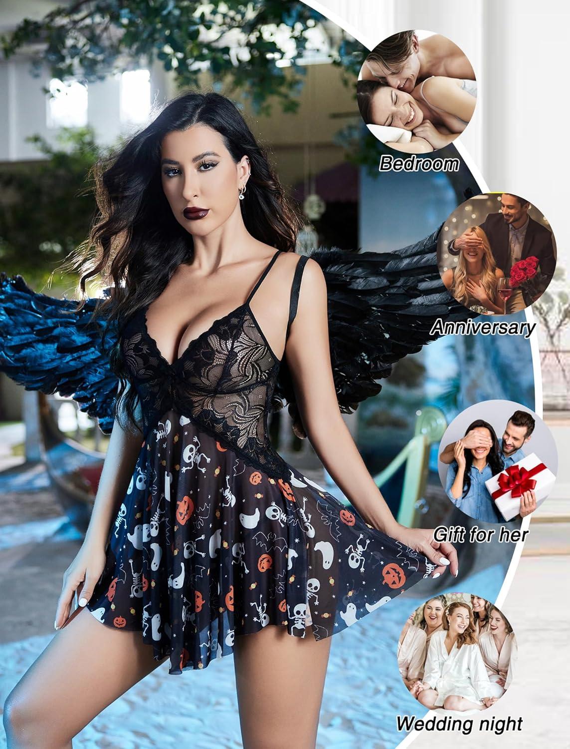 imageAvidlove Women Lace Lingerie Babydoll Sexy Chemise Exotic Nightgowns Bridal NightdressHalloween Print