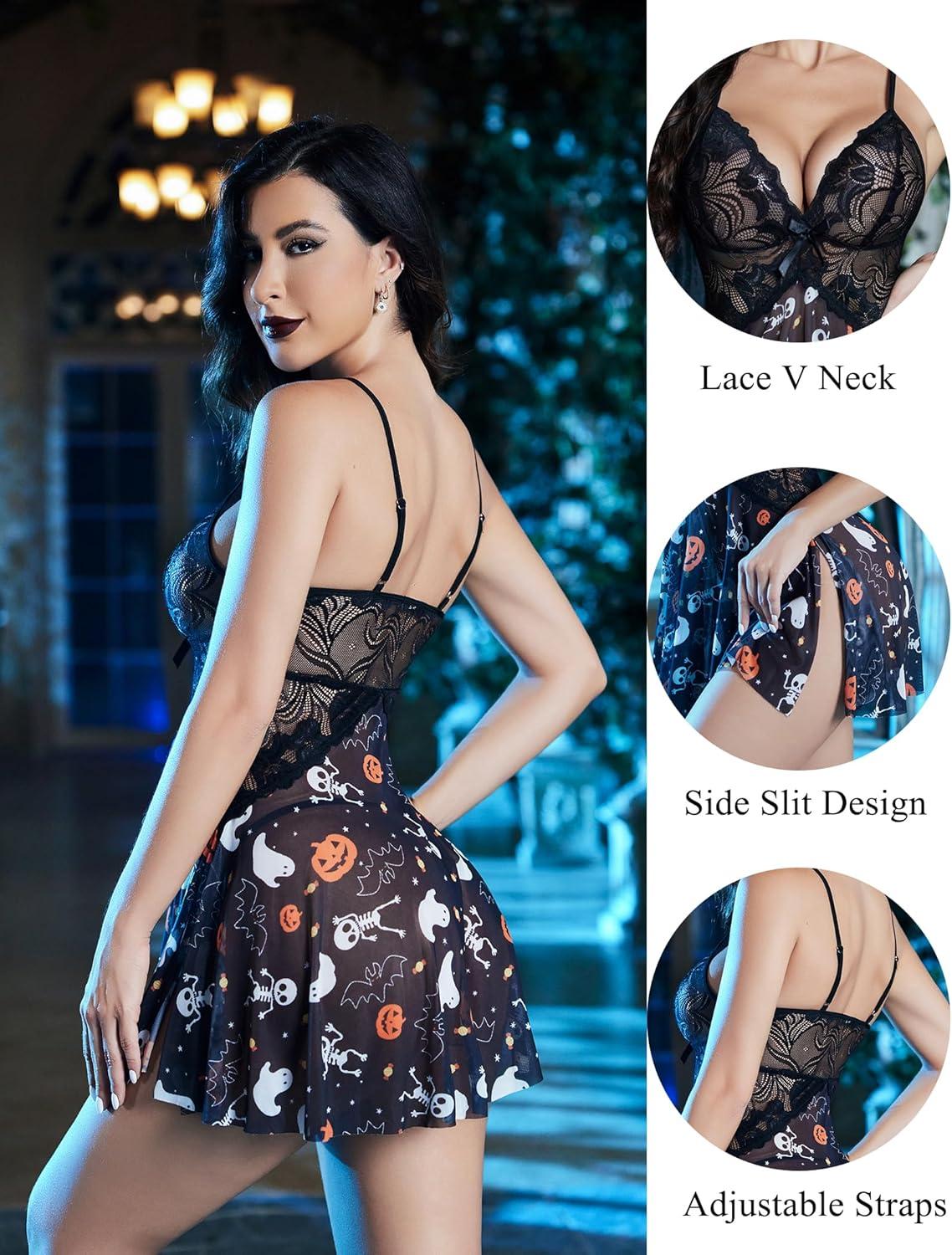 imageAvidlove Women Lace Lingerie Babydoll Sexy Chemise Exotic Nightgowns Bridal NightdressHalloween Print