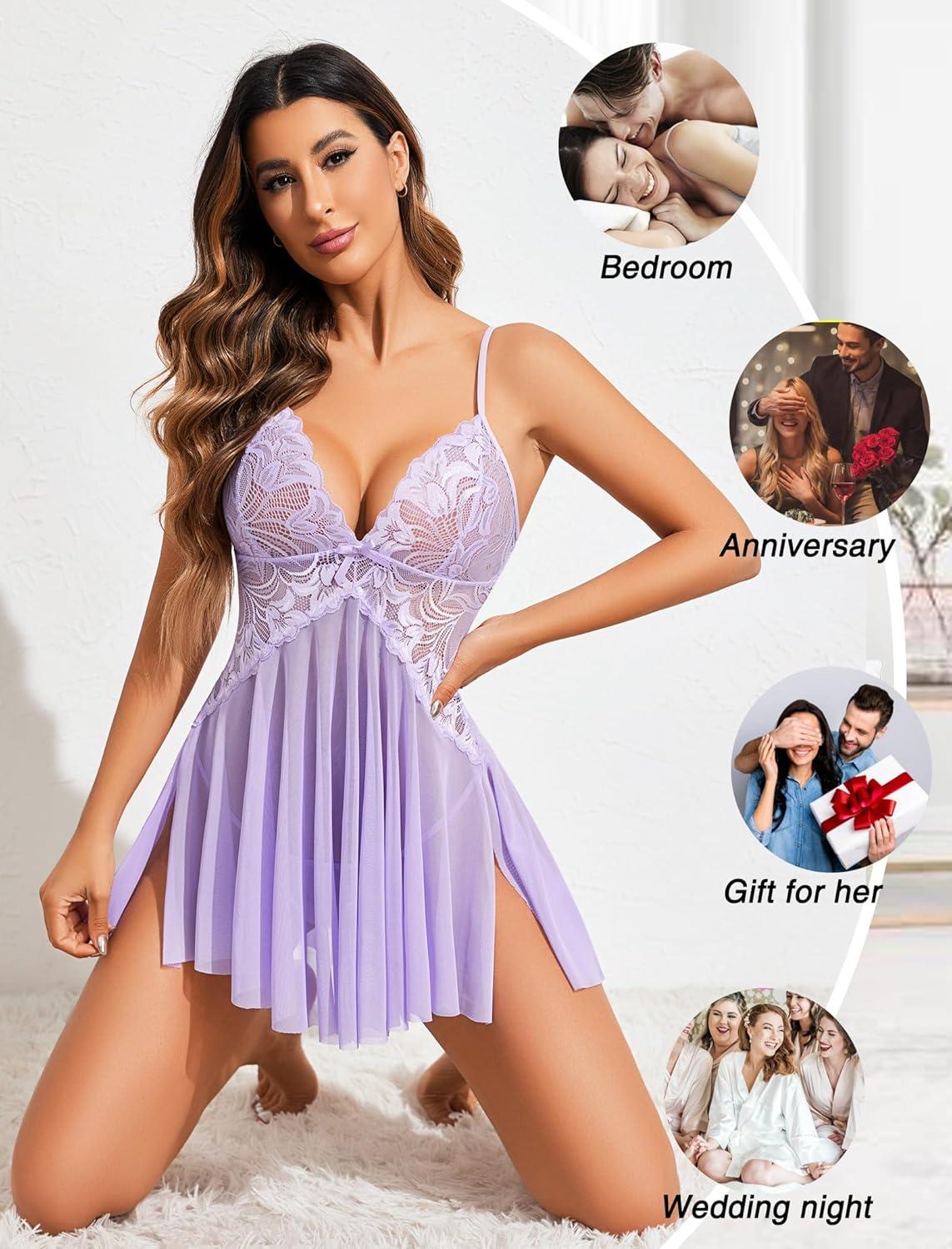 imageAvidlove Women Lace Lingerie Babydoll Sexy Chemise Exotic Nightgowns Bridal NightdressLilac