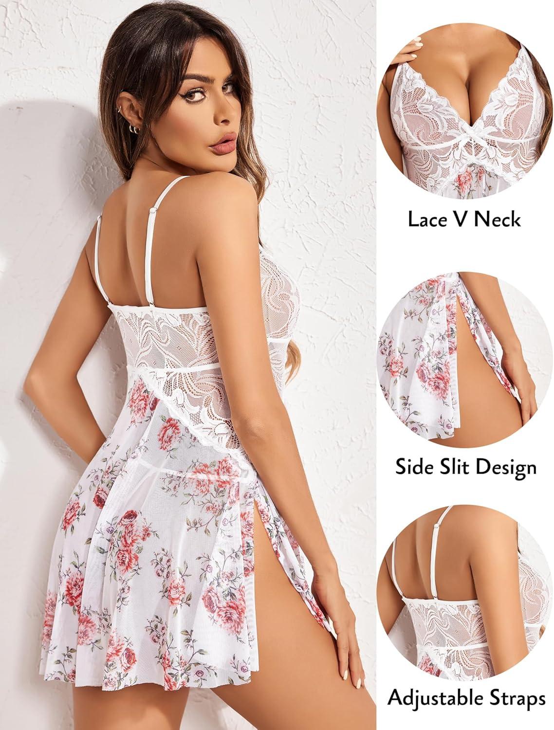 imageAvidlove Women Lace Lingerie Babydoll Sexy Chemise Exotic Nightgowns Bridal NightdressPeony Floral Print