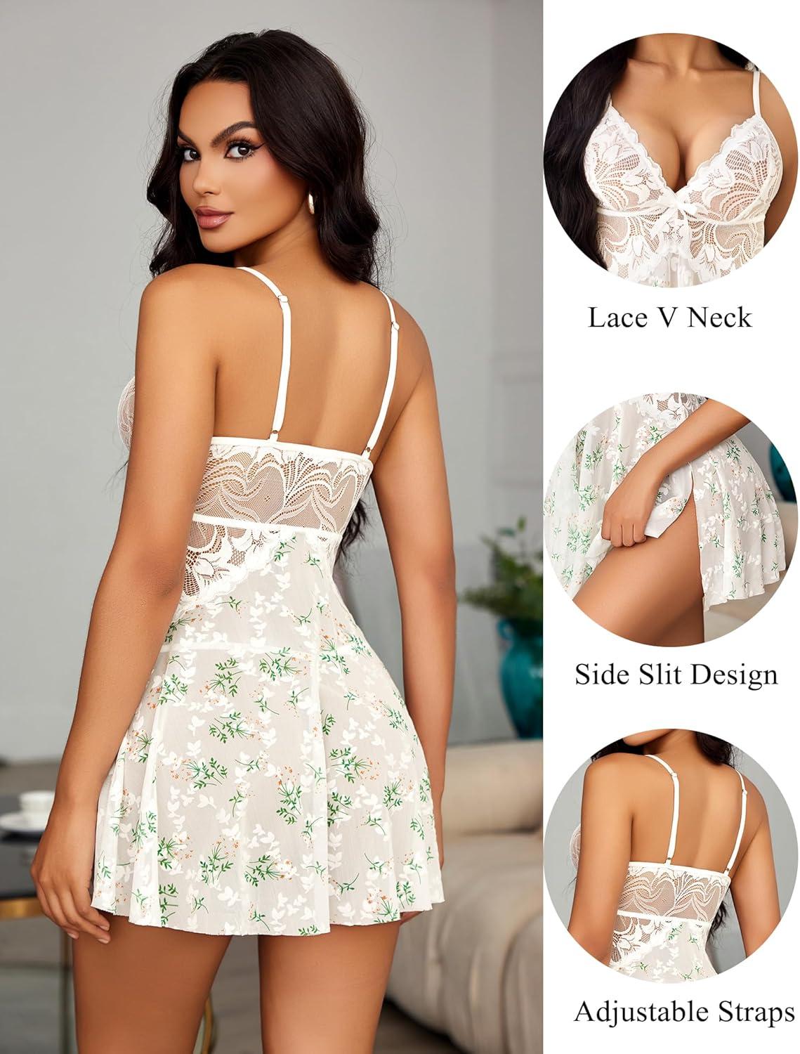 imageAvidlove Women Lace Lingerie Babydoll Sexy Chemise Exotic Nightgowns Bridal NightdressWhite Green Leaves