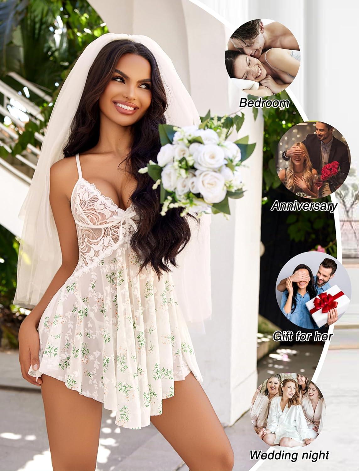 imageAvidlove Women Lace Lingerie Babydoll Sexy Chemise Exotic Nightgowns Bridal NightdressWhite Green Leaves