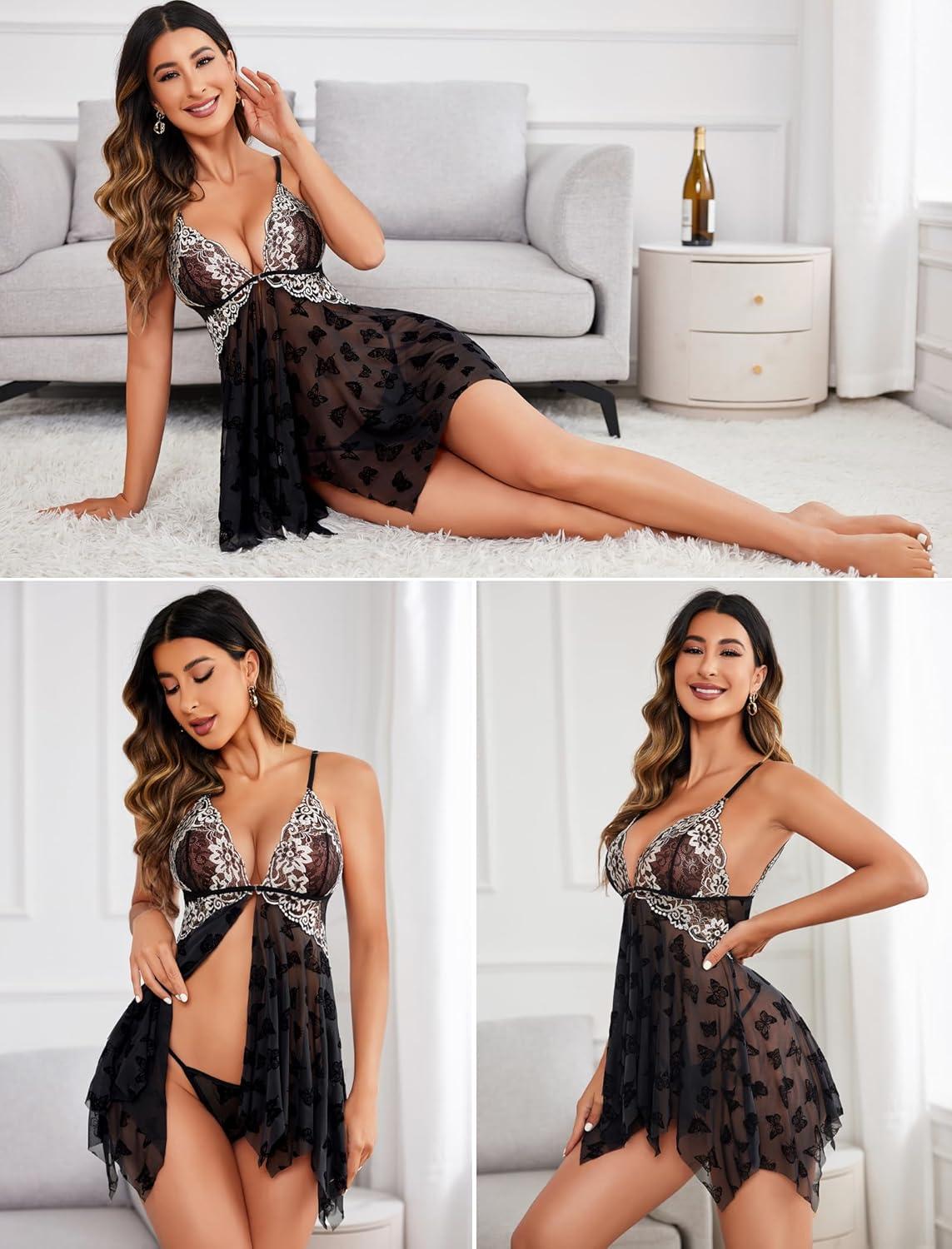 imageAvidlove Women Lace Lingerie Front Closure Babydoll V Neck Nightwear Sexy Chemise NightieDark Black Butterfly