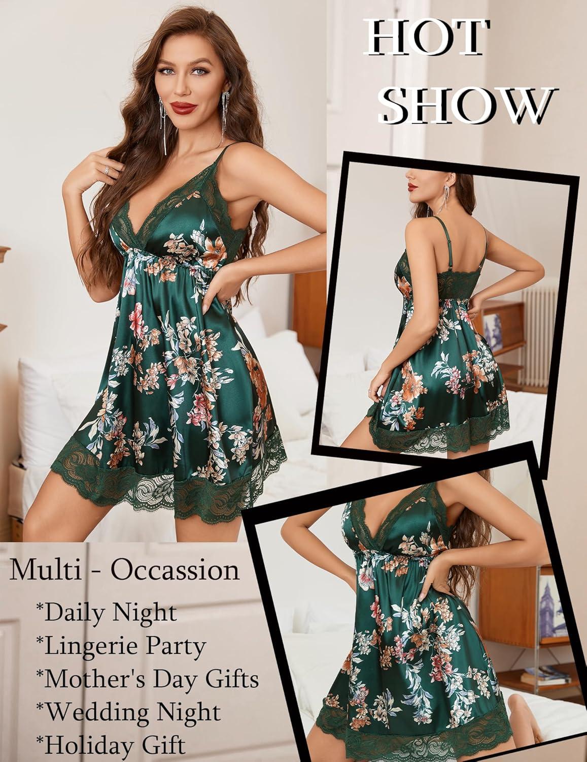 imageAvidlove Women Lace Nightgown Satin Chemise Sexy Lingerie Dress V Neck Sleepwear Slips NightieGreen Flowers