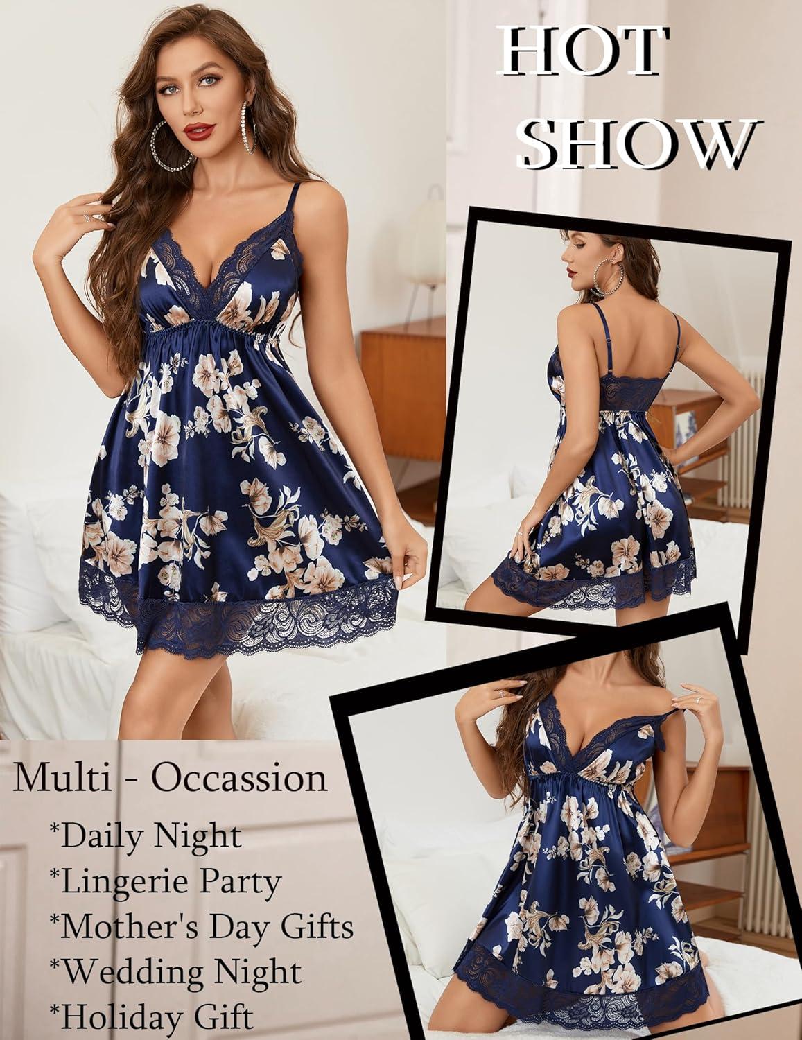 imageAvidlove Women Lace Nightgown Satin Chemise Sexy Lingerie Dress V Neck Sleepwear Slips NightieNavy Blue Flower