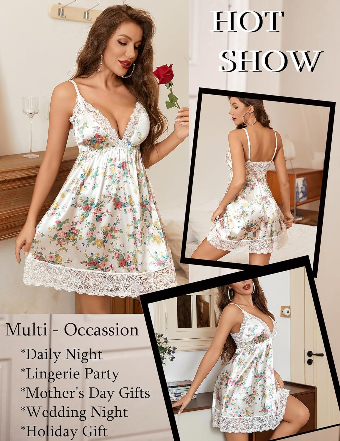 imageAvidlove Women Lace Nightgown Satin Chemise Sexy Lingerie Dress V Neck Sleepwear Slips NightiePink Yellow Flower