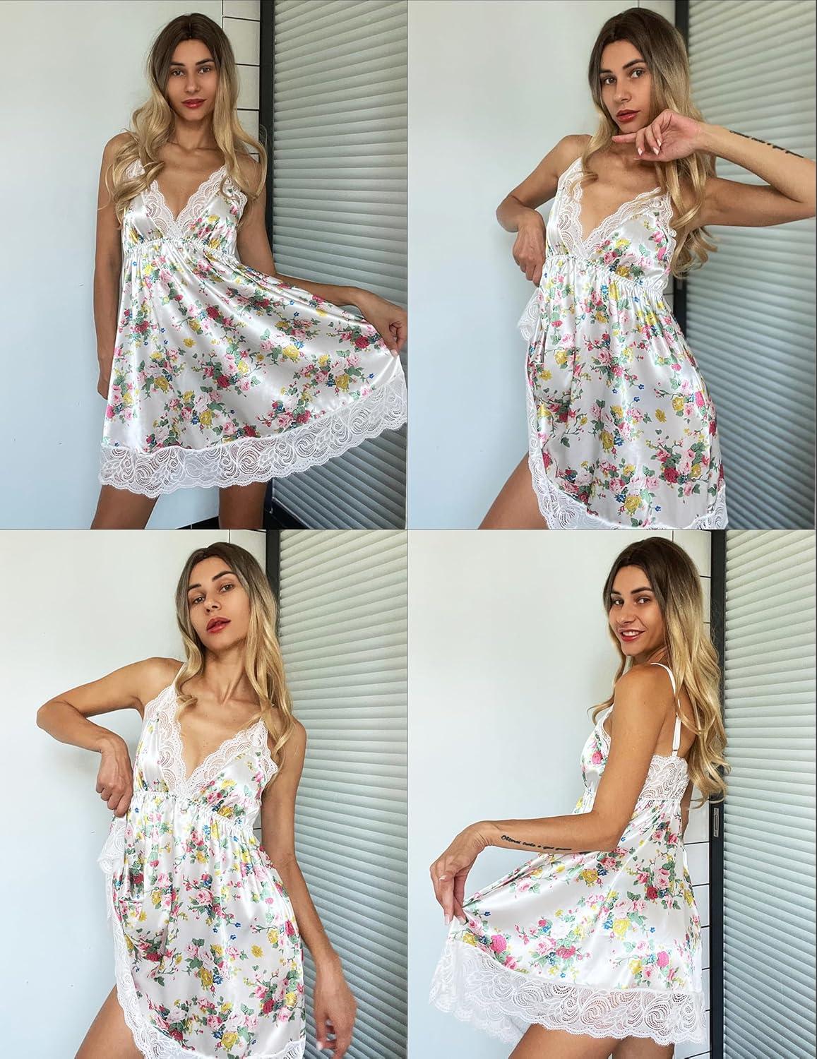 imageAvidlove Women Lace Nightgown Satin Chemise Sexy Lingerie Dress V Neck Sleepwear Slips NightiePink Yellow Flower