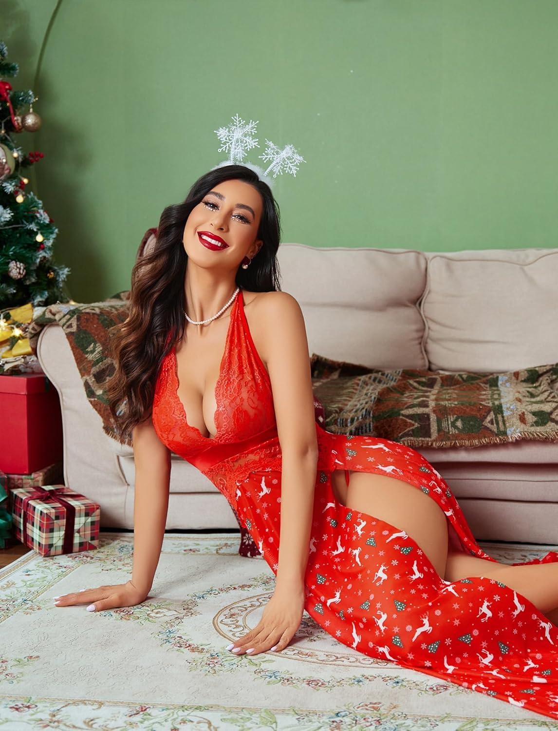 imageAvidlove Women Lingerie Deep V Neck Nightwear One Piece Sexy Nightgowns Mosaic Lace Mesh DressRed Christmas Print