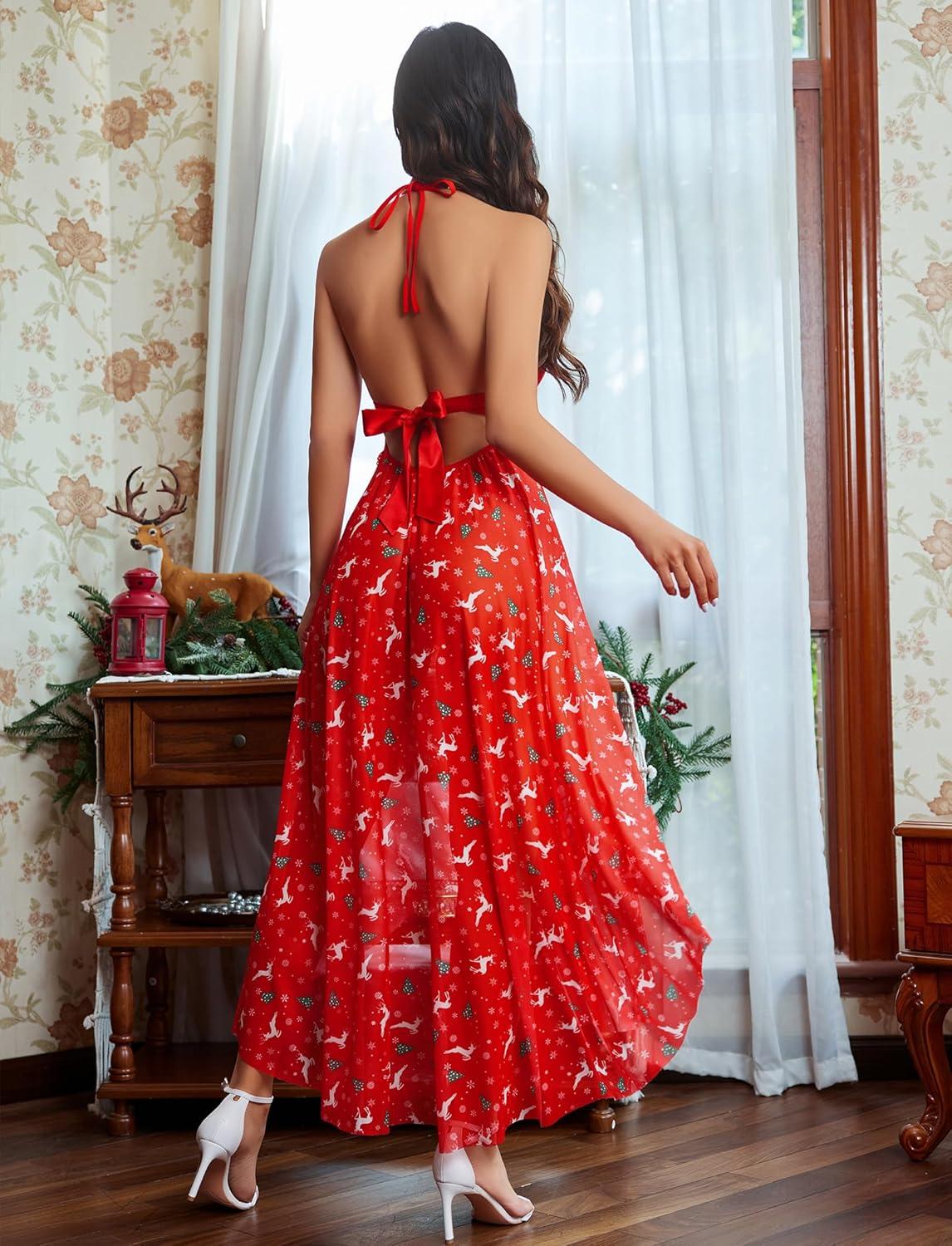 imageAvidlove Women Lingerie Deep V Neck Nightwear One Piece Sexy Nightgowns Mosaic Lace Mesh DressRed Christmas Print