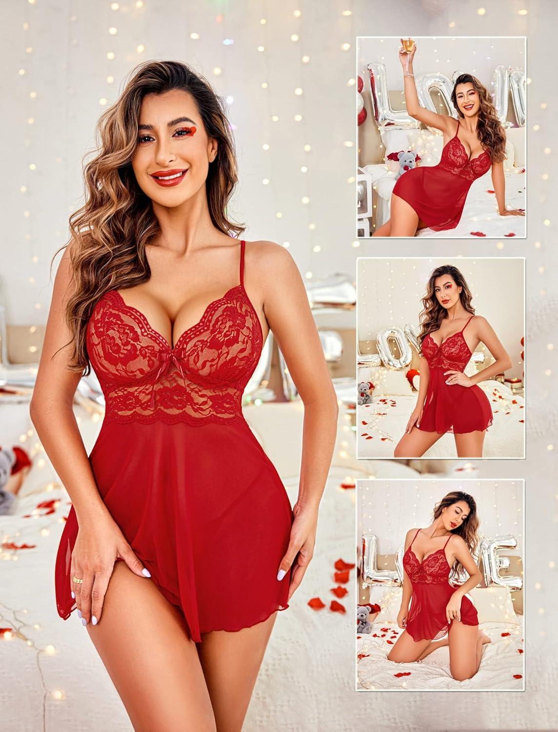 imageAvidlove Women Lingerie Lace Babydoll Strap Chemise Halter Teddy V Neck Sleepwear0wine Red