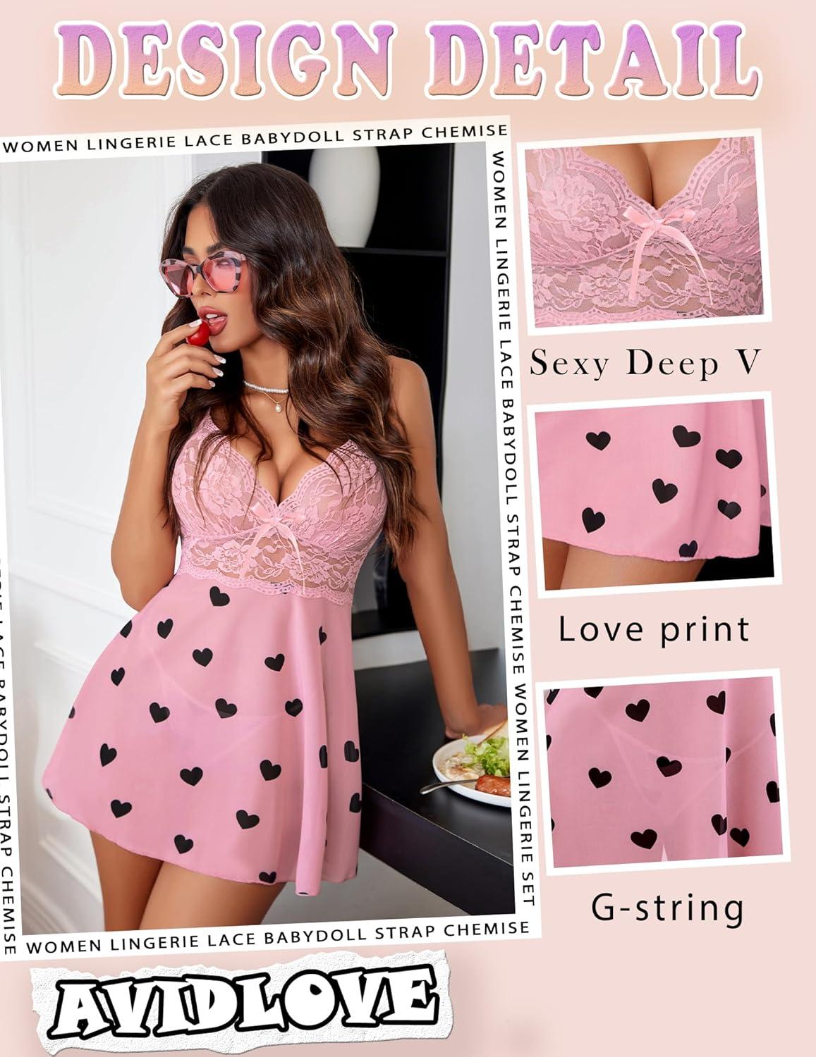 imageAvidlove Women Lingerie Lace Babydoll Strap Chemise Halter Teddy V Neck SleepwearBlack Love Heart