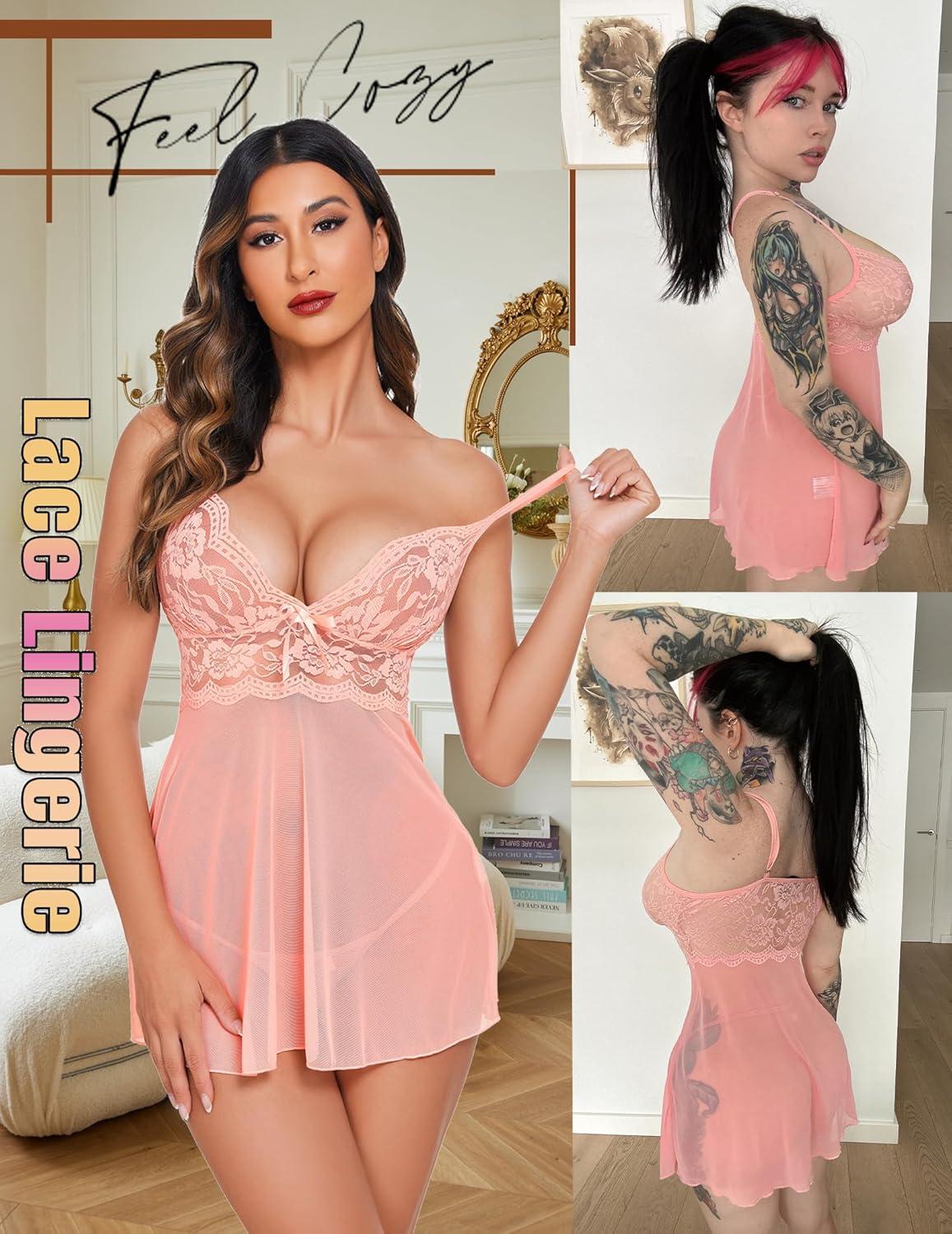 imageAvidlove Women Lingerie Lace Babydoll Strap Chemise Halter Teddy V Neck SleepwearPeach