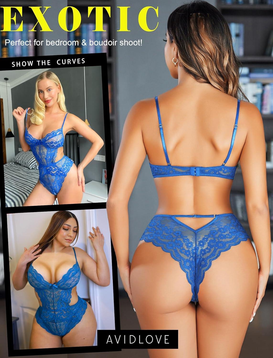 imageAvidlove Women Lingerie Lace Bodysuit Teddy Lingeries V Neck Cut Out One Piece Mini BabydollBlue