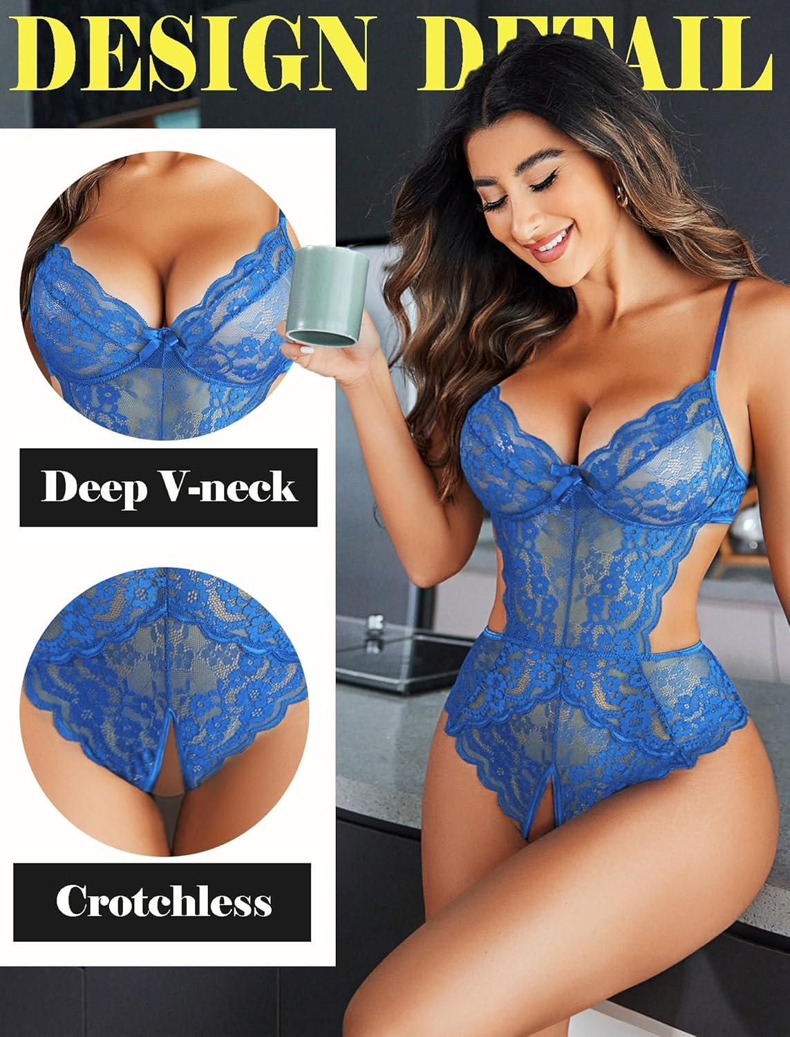 imageAvidlove Women Lingerie Lace Bodysuit Teddy Lingeries V Neck Cut Out One Piece Mini BabydollBlue
