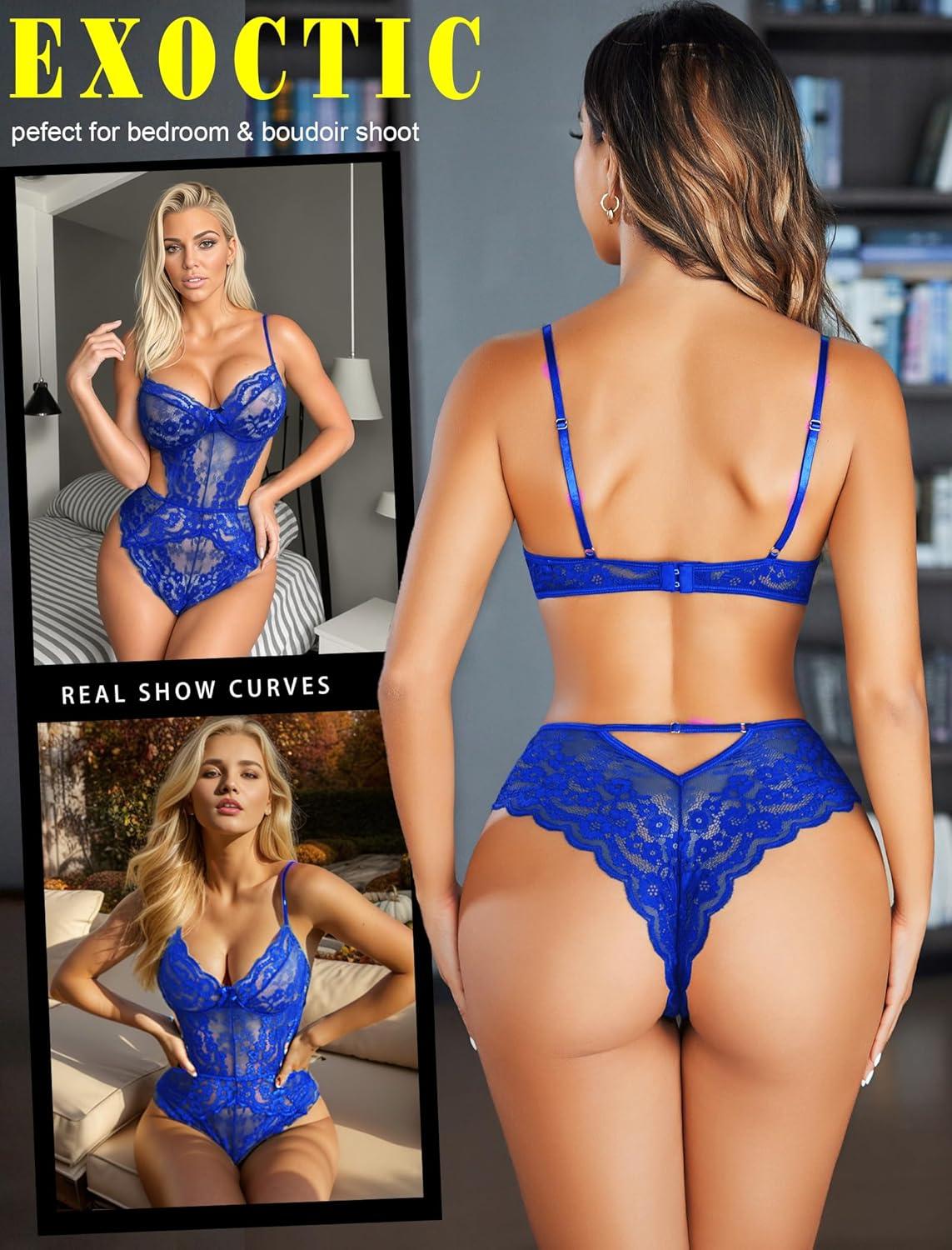 imageAvidlove Women Lingerie Lace Bodysuit Teddy Lingeries V Neck Cut Out One Piece Mini BabydollBrilliant Blue