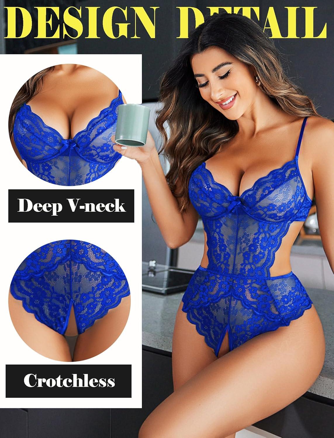 imageAvidlove Women Lingerie Lace Bodysuit Teddy Lingeries V Neck Cut Out One Piece Mini BabydollBrilliant Blue