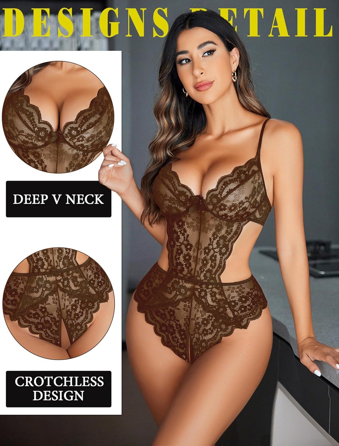 imageAvidlove Women Lingerie Lace Bodysuit Teddy Lingeries V Neck Cut Out One Piece Mini BabydollBrown
