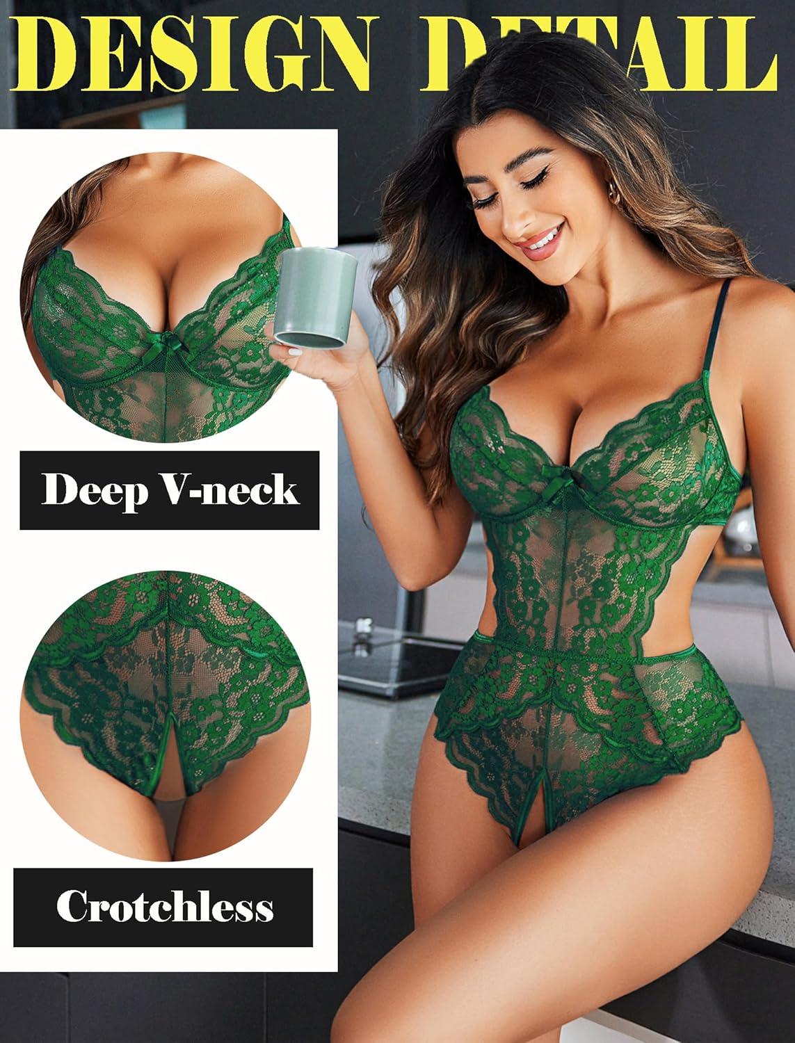 imageAvidlove Women Lingerie Lace Bodysuit Teddy Lingeries V Neck Cut Out One Piece Mini BabydollGreen