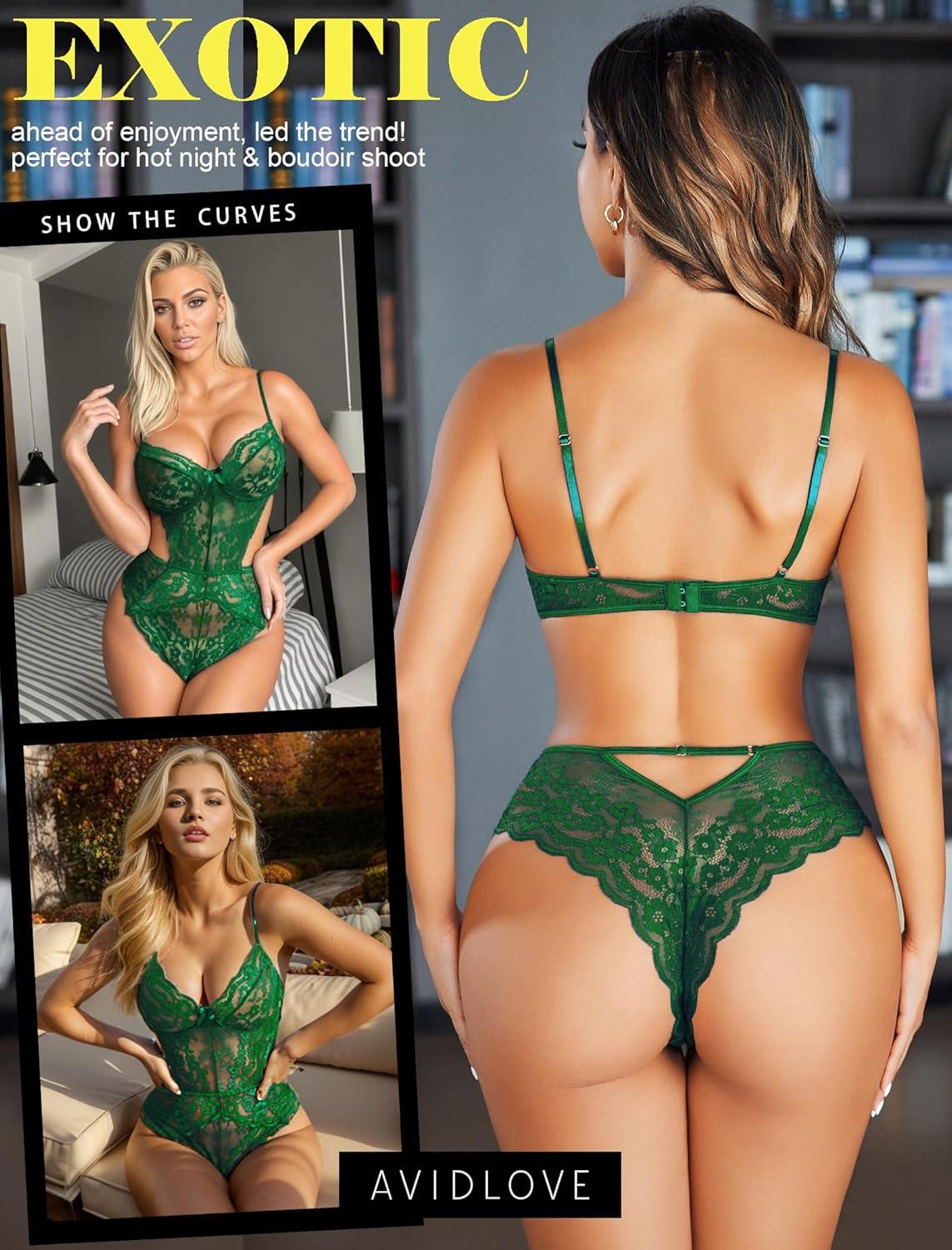 imageAvidlove Women Lingerie Lace Bodysuit Teddy Lingeries V Neck Cut Out One Piece Mini BabydollGreen