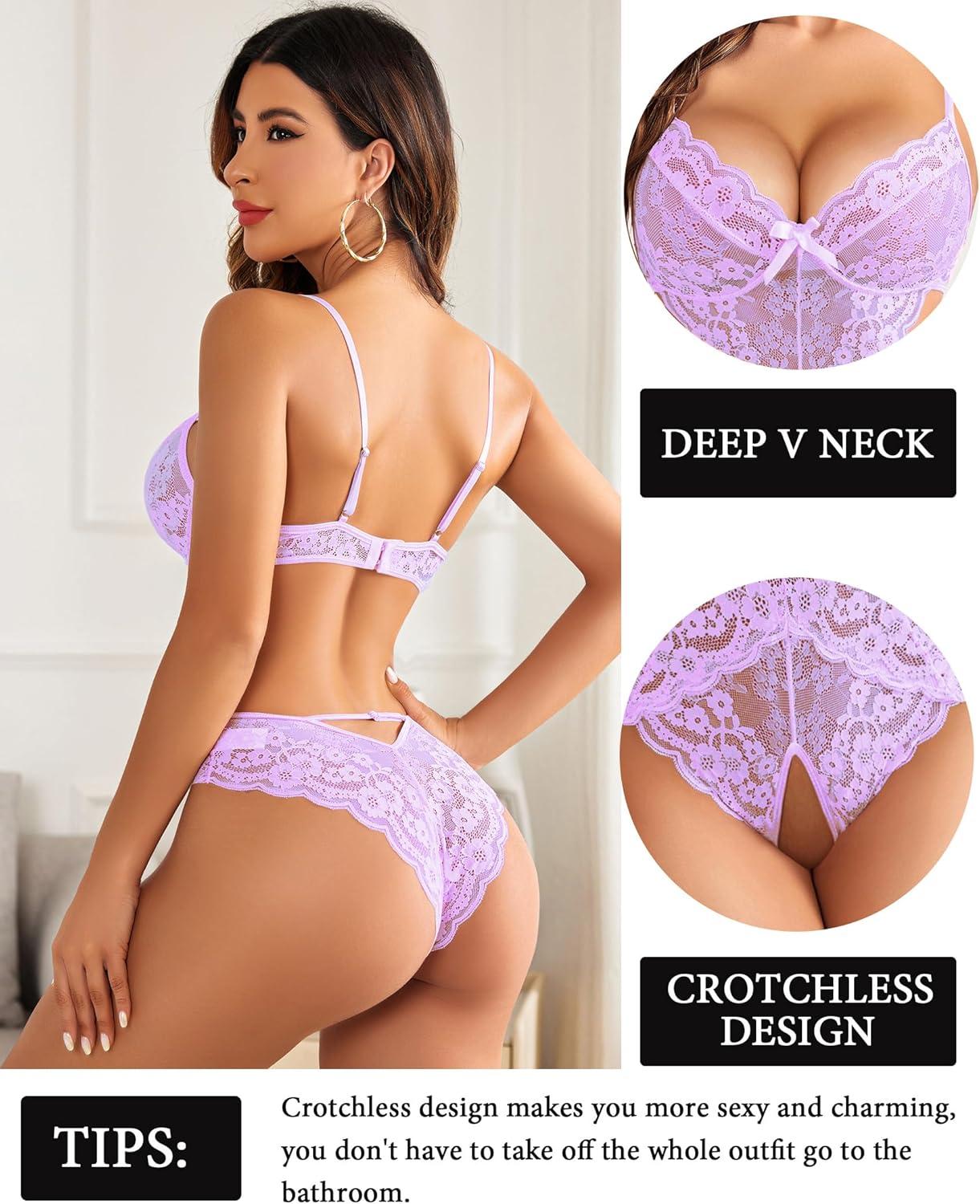imageAvidlove Women Lingerie Lace Bodysuit Teddy Lingeries V Neck Cut Out One Piece Mini BabydollLight Purple