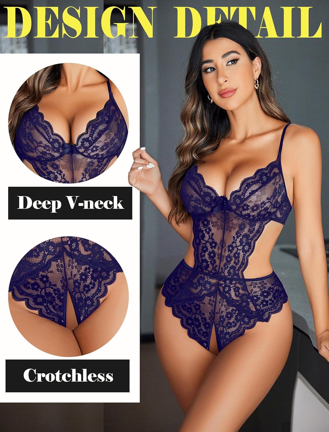 imageAvidlove Women Lingerie Lace Bodysuit Teddy Lingeries V Neck Cut Out One Piece Mini BabydollNavy