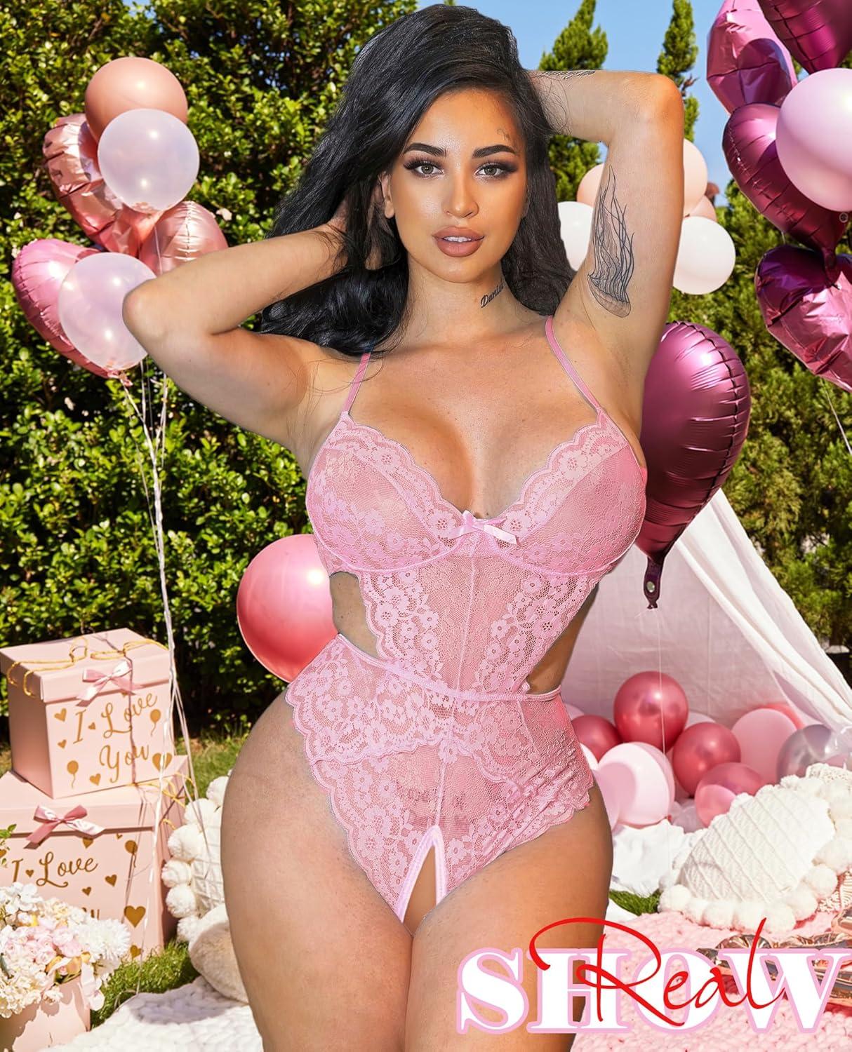 imageAvidlove Women Lingerie Lace Bodysuit Teddy Lingeries V Neck Cut Out One Piece Mini BabydollPink