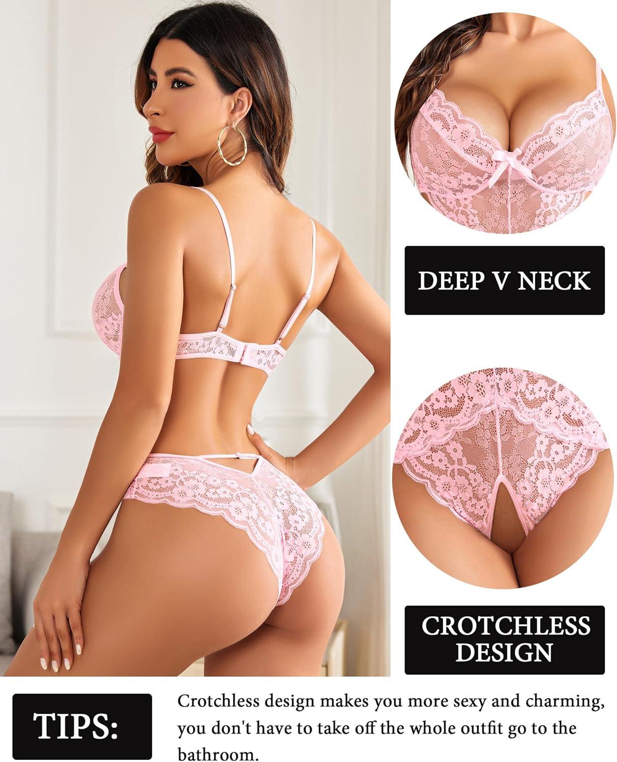 imageAvidlove Women Lingerie Lace Bodysuit Teddy Lingeries V Neck Cut Out One Piece Mini BabydollPink