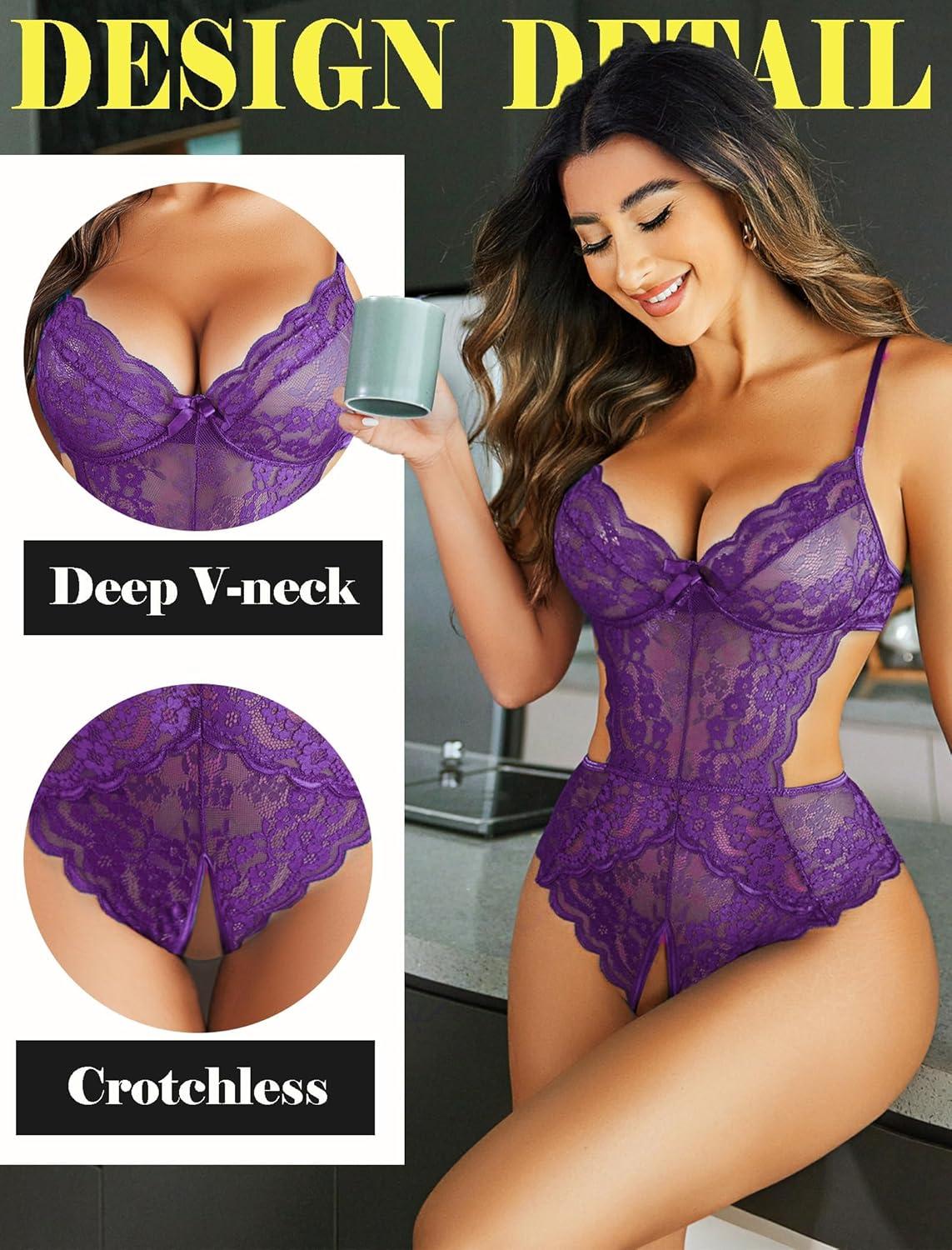 imageAvidlove Women Lingerie Lace Bodysuit Teddy Lingeries V Neck Cut Out One Piece Mini BabydollPurple