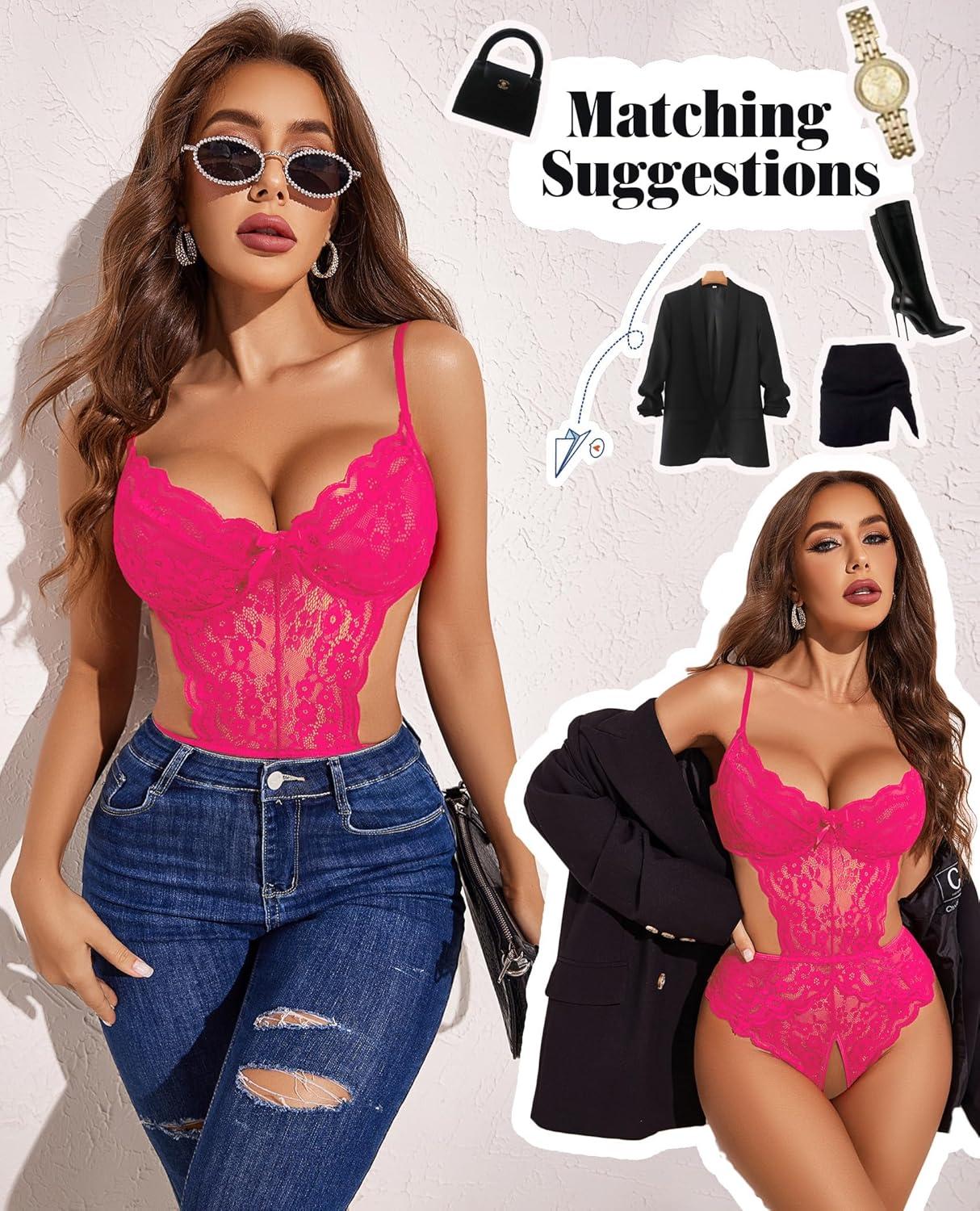 imageAvidlove Women Lingerie Lace Bodysuit Teddy Lingeries V Neck Cut Out One Piece Mini BabydollRose Red
