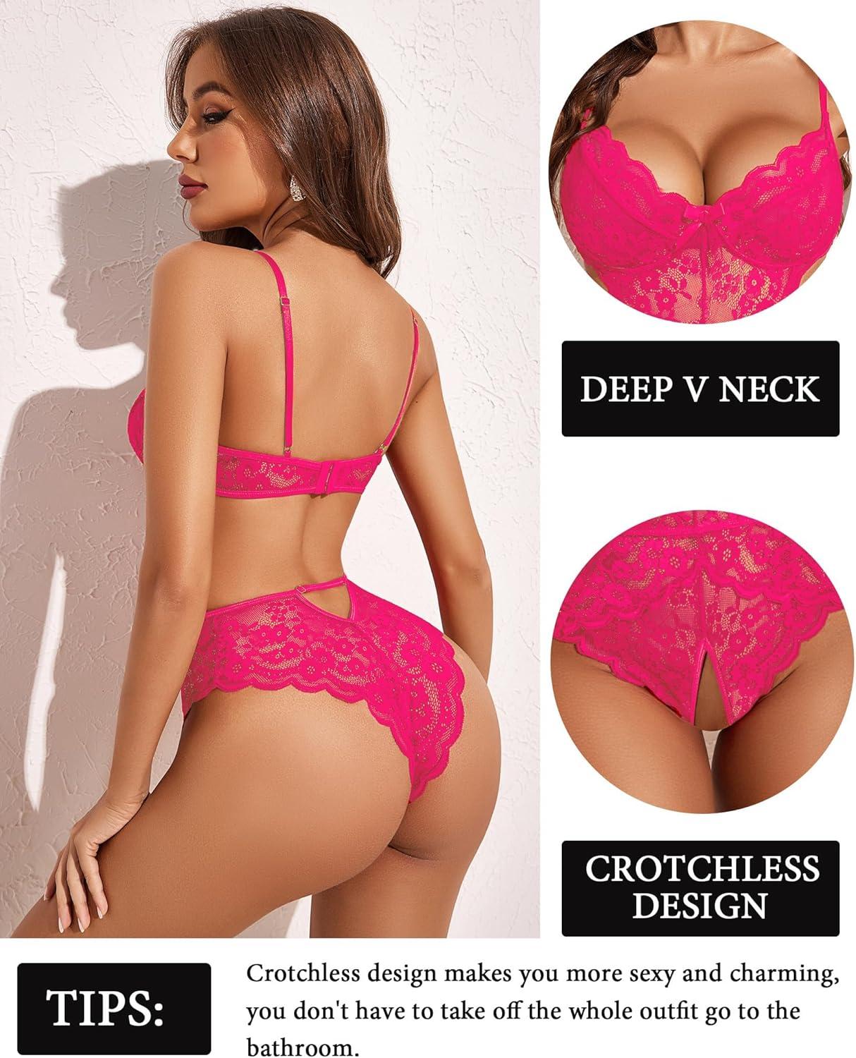 imageAvidlove Women Lingerie Lace Bodysuit Teddy Lingeries V Neck Cut Out One Piece Mini BabydollRose Red