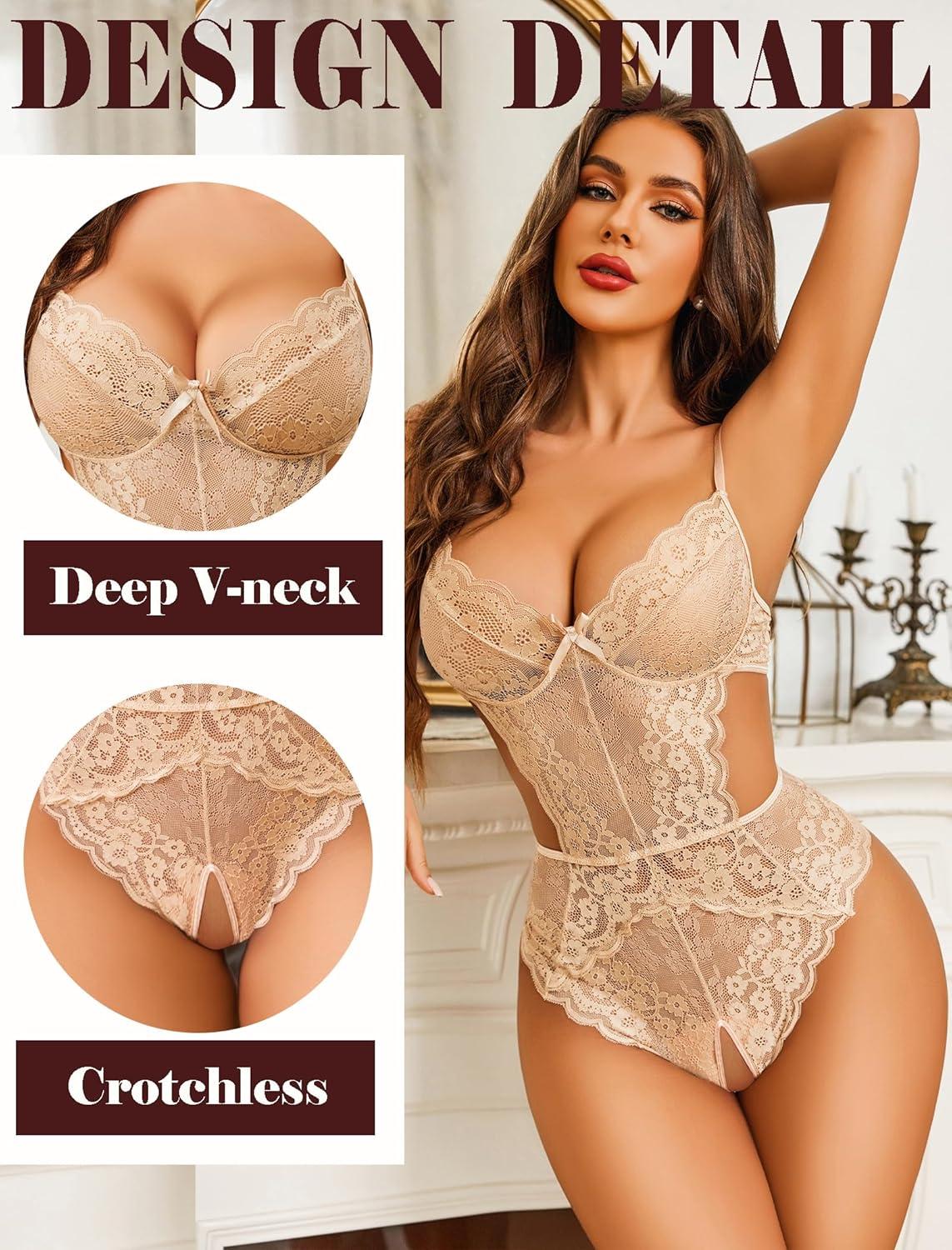 imageAvidlove Women Lingerie Lace Bodysuit Teddy Lingeries V Neck Cut Out One Piece Mini BabydollSkin