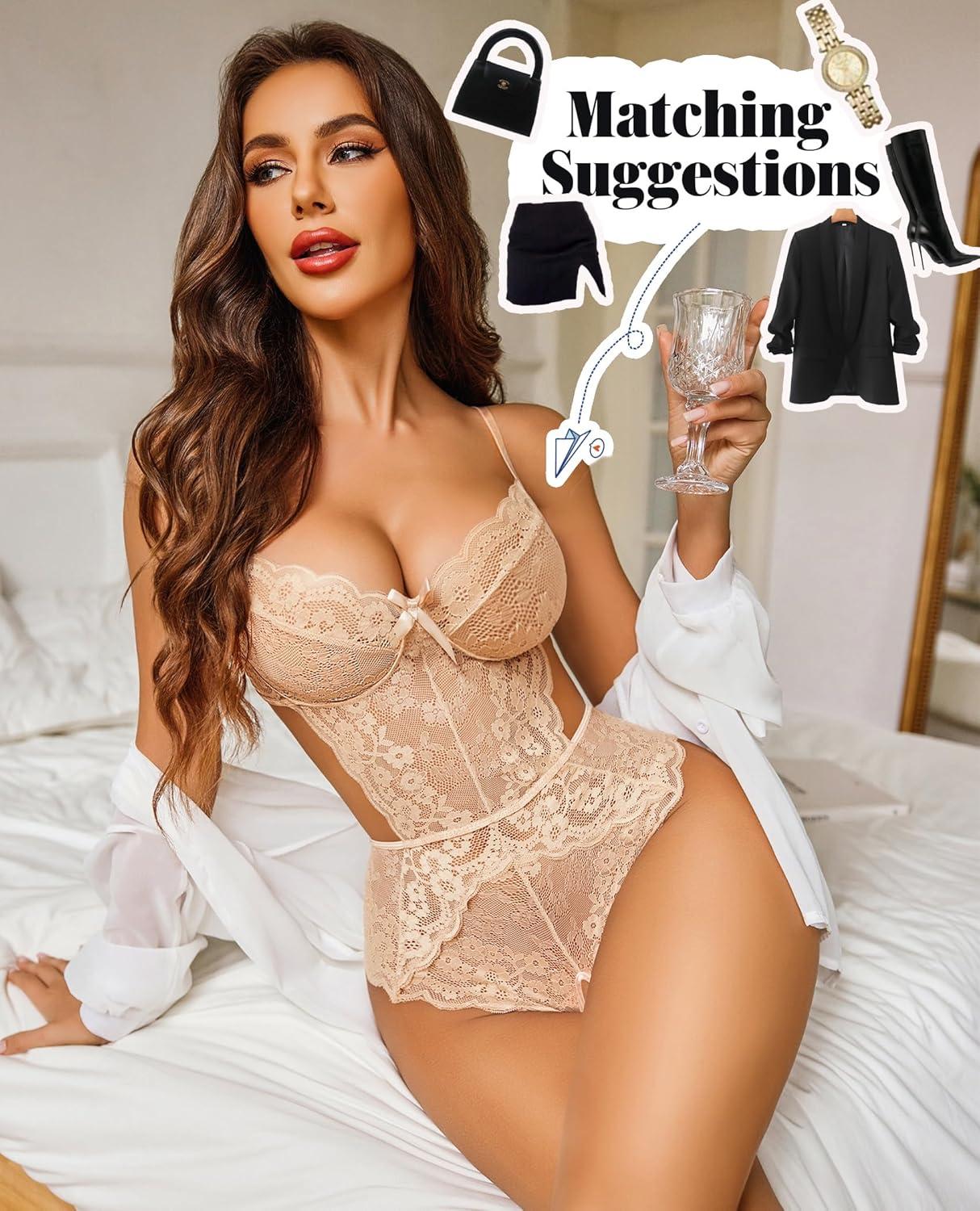 imageAvidlove Women Lingerie Lace Bodysuit Teddy Lingeries V Neck Cut Out One Piece Mini BabydollSkin